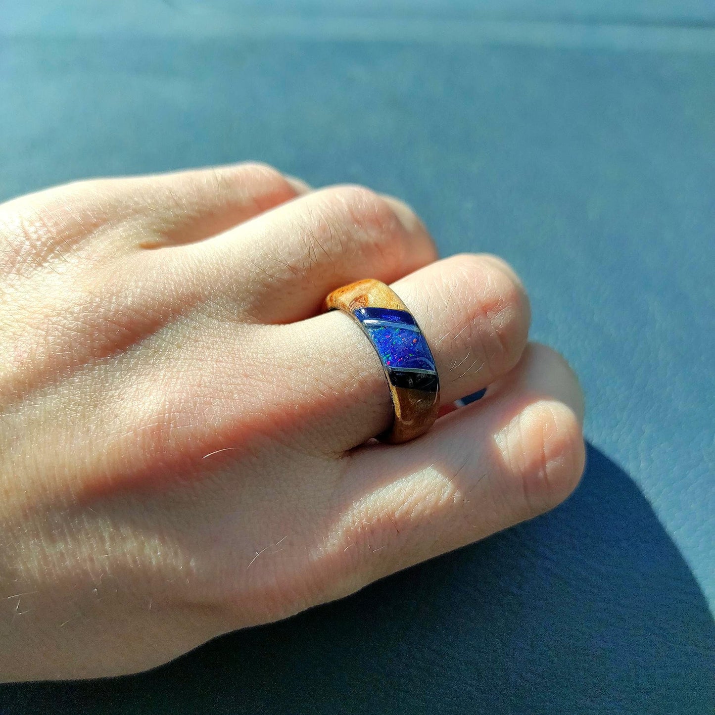 Burl Wood Ring & Blue Opal on a Dark Blue Core