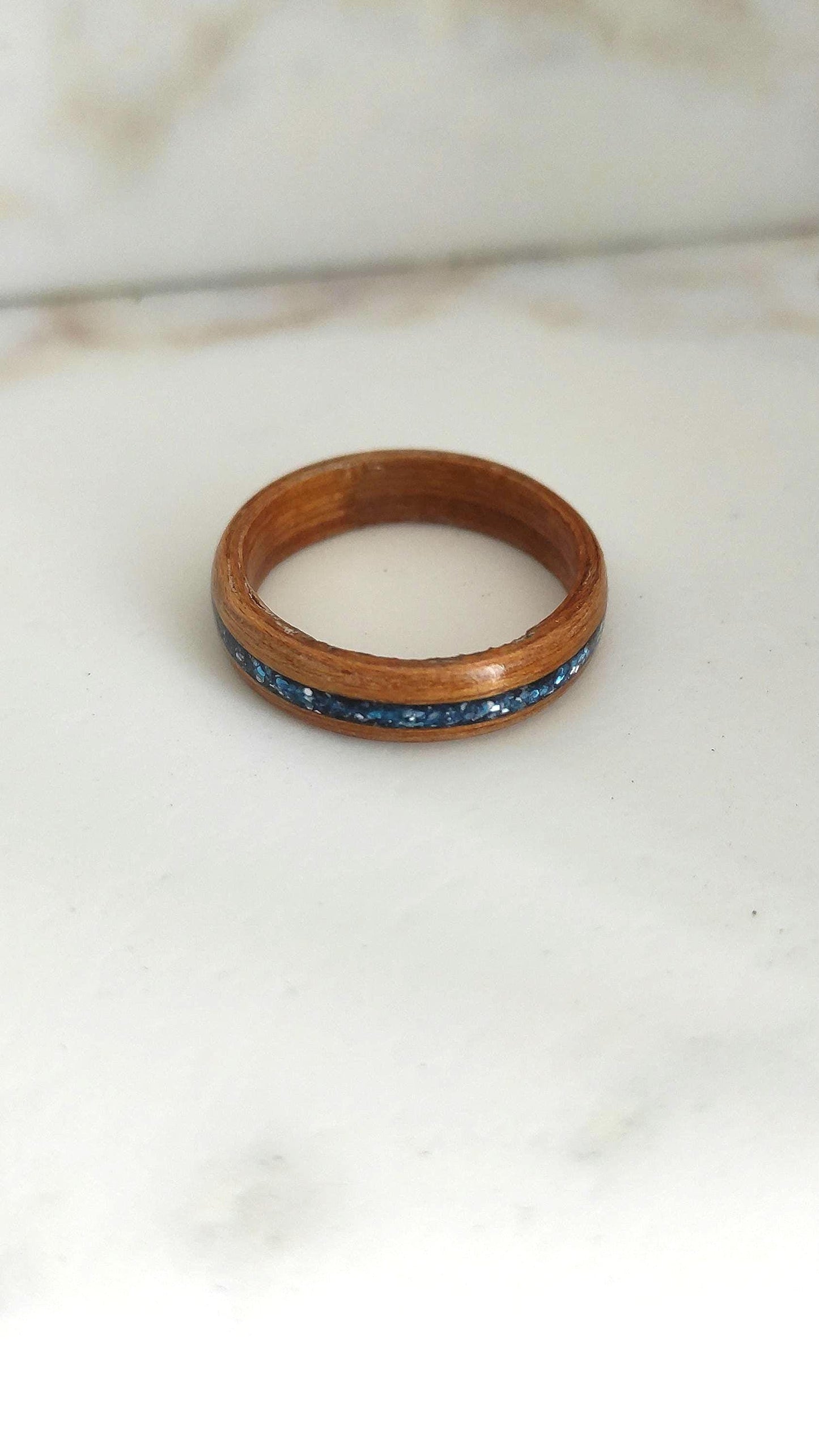 Handmade Bentwood Teak Wood Ring with Blue Glitter Inlay – Minimalist Natural Statement Band