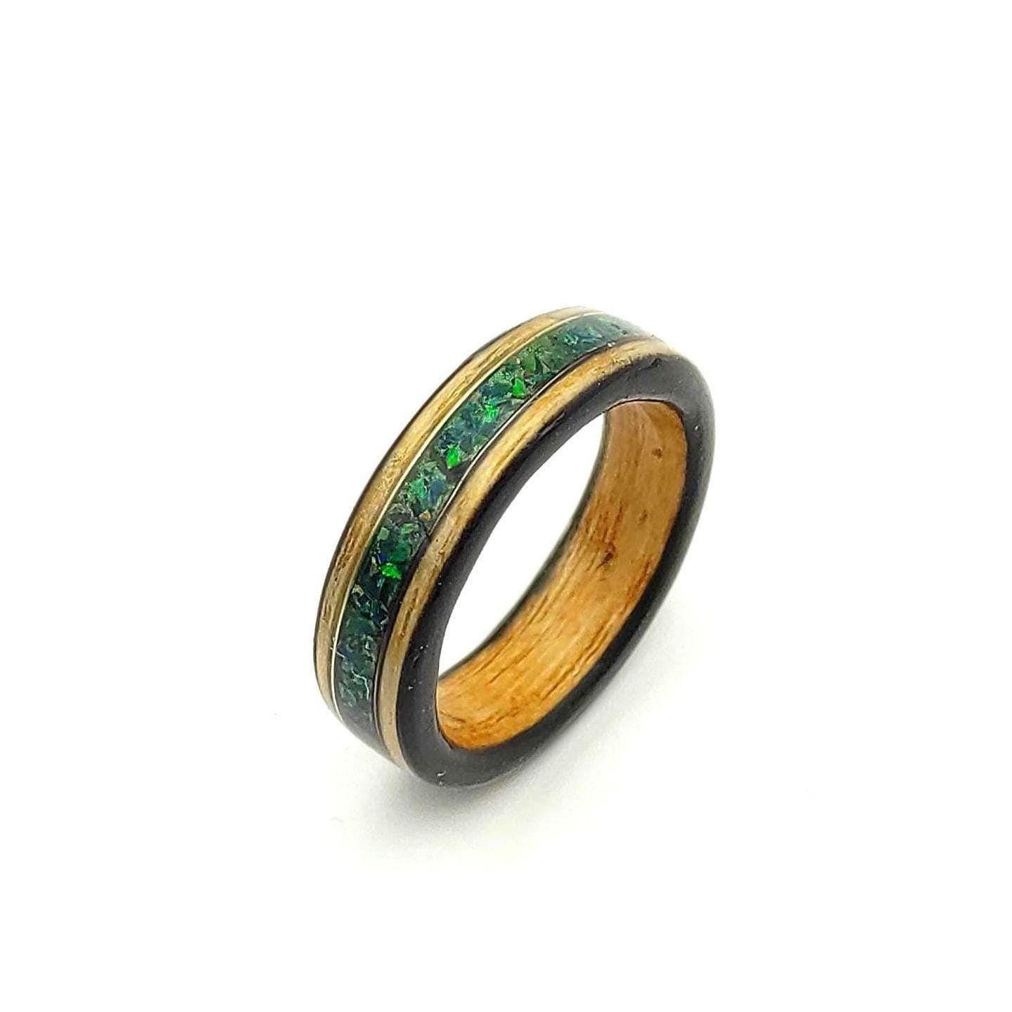 Bentwood Ash Ring & Dark Green Crushed Opal - WoodRingsByJet