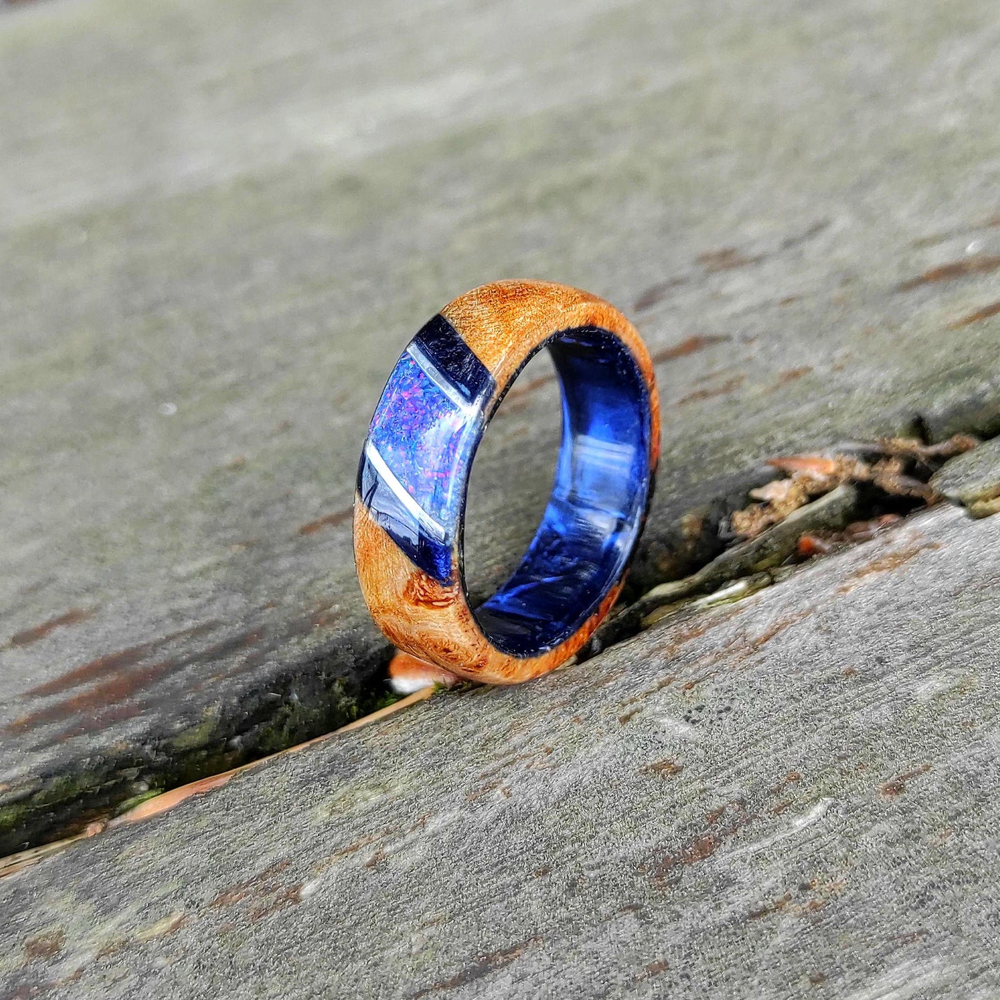 Burl Wood Ring & Blue Opal on a Dark Blue Core