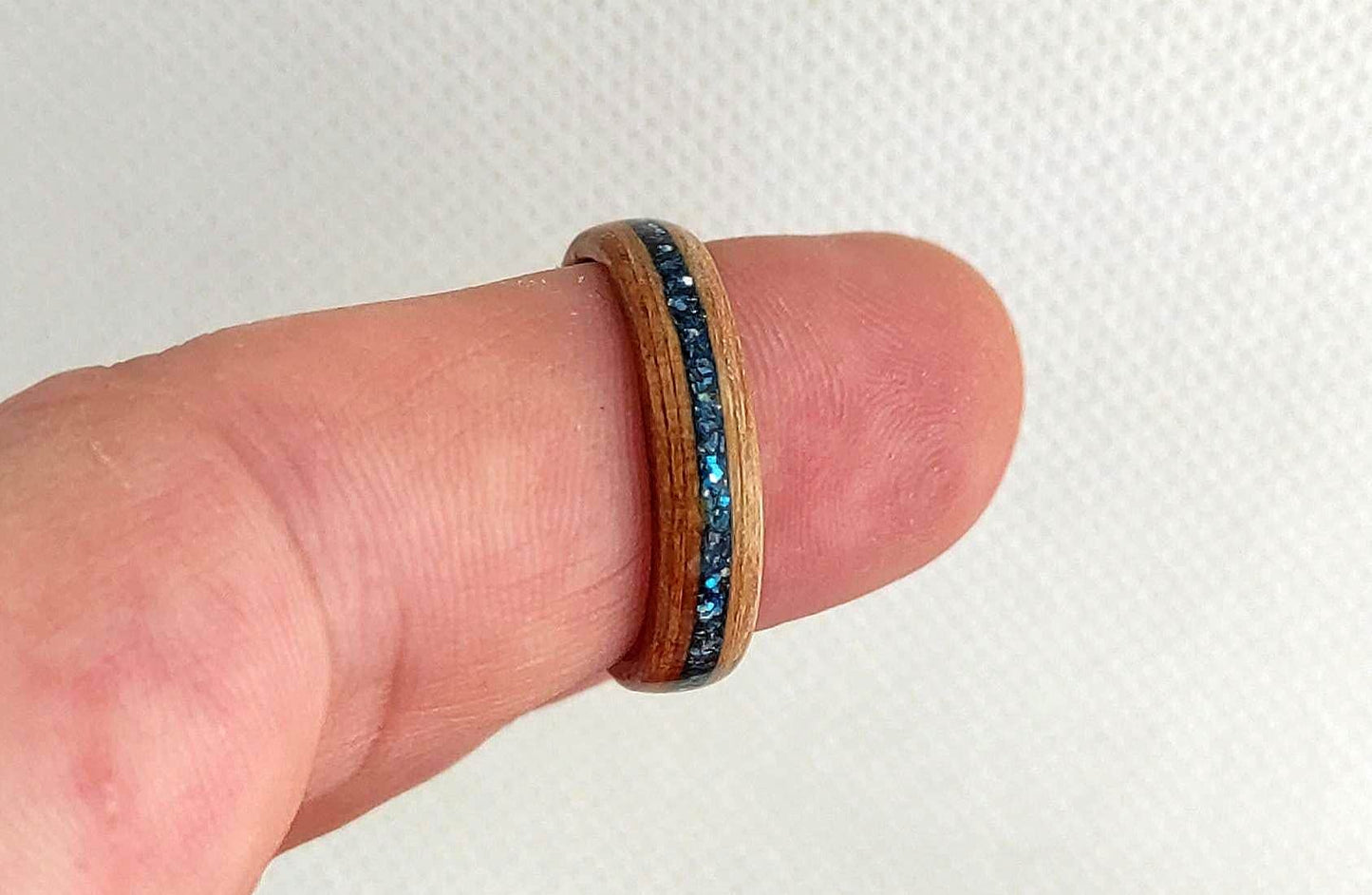 Handmade Bentwood Teak Wood Ring with Blue Glitter Inlay – Minimalist Natural Statement Band