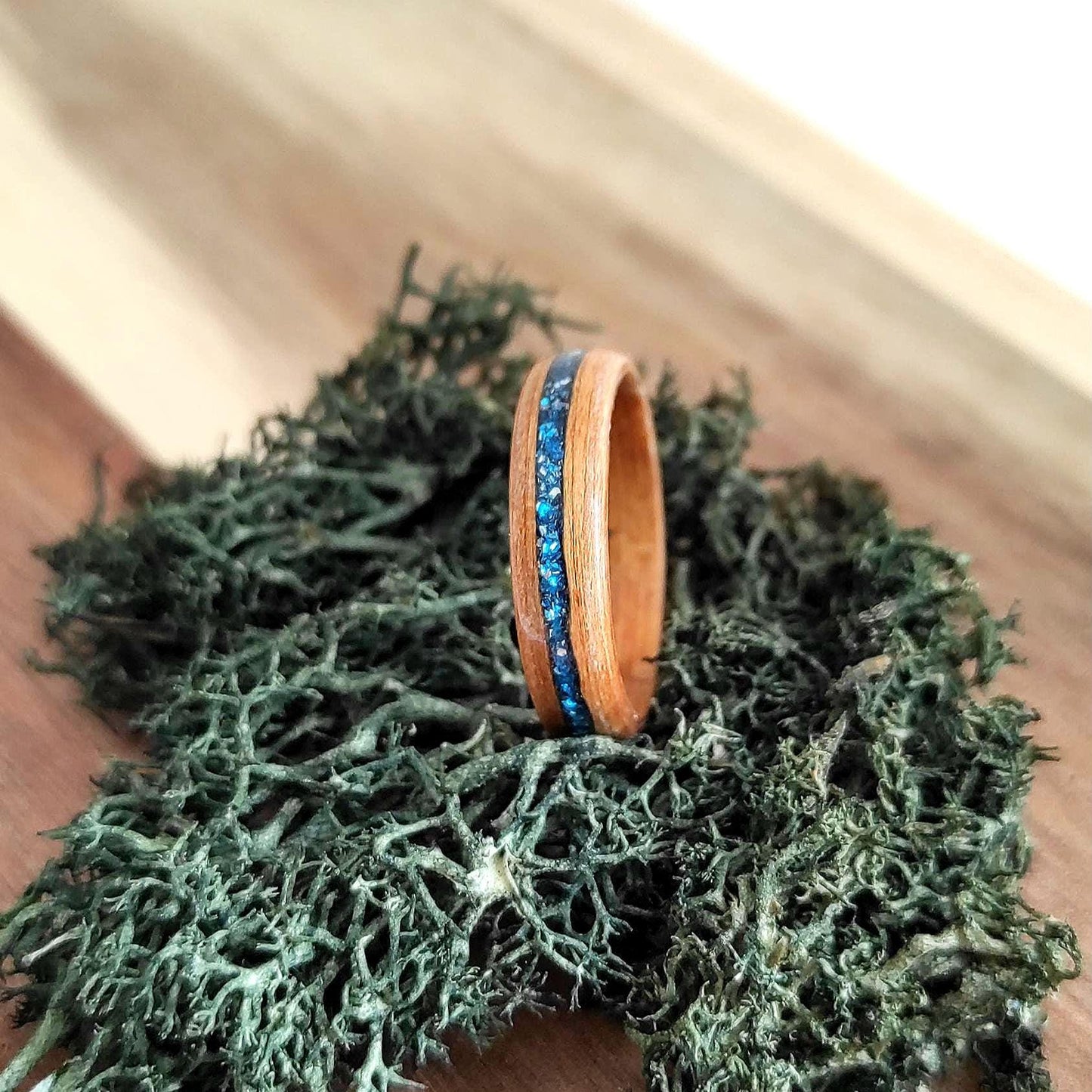 Handmade Bentwood Teak Wood Ring with Blue Glitter Inlay – Minimalist Natural Statement Band