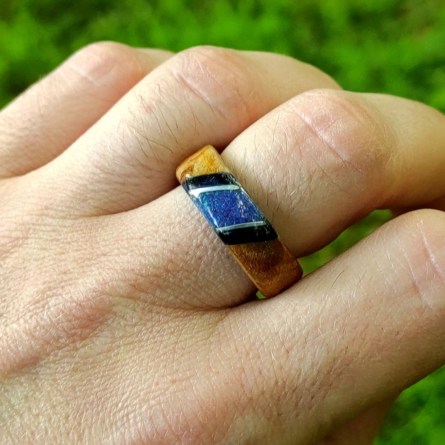Burl Wood Ring & Blue Opal on a Dark Blue Core