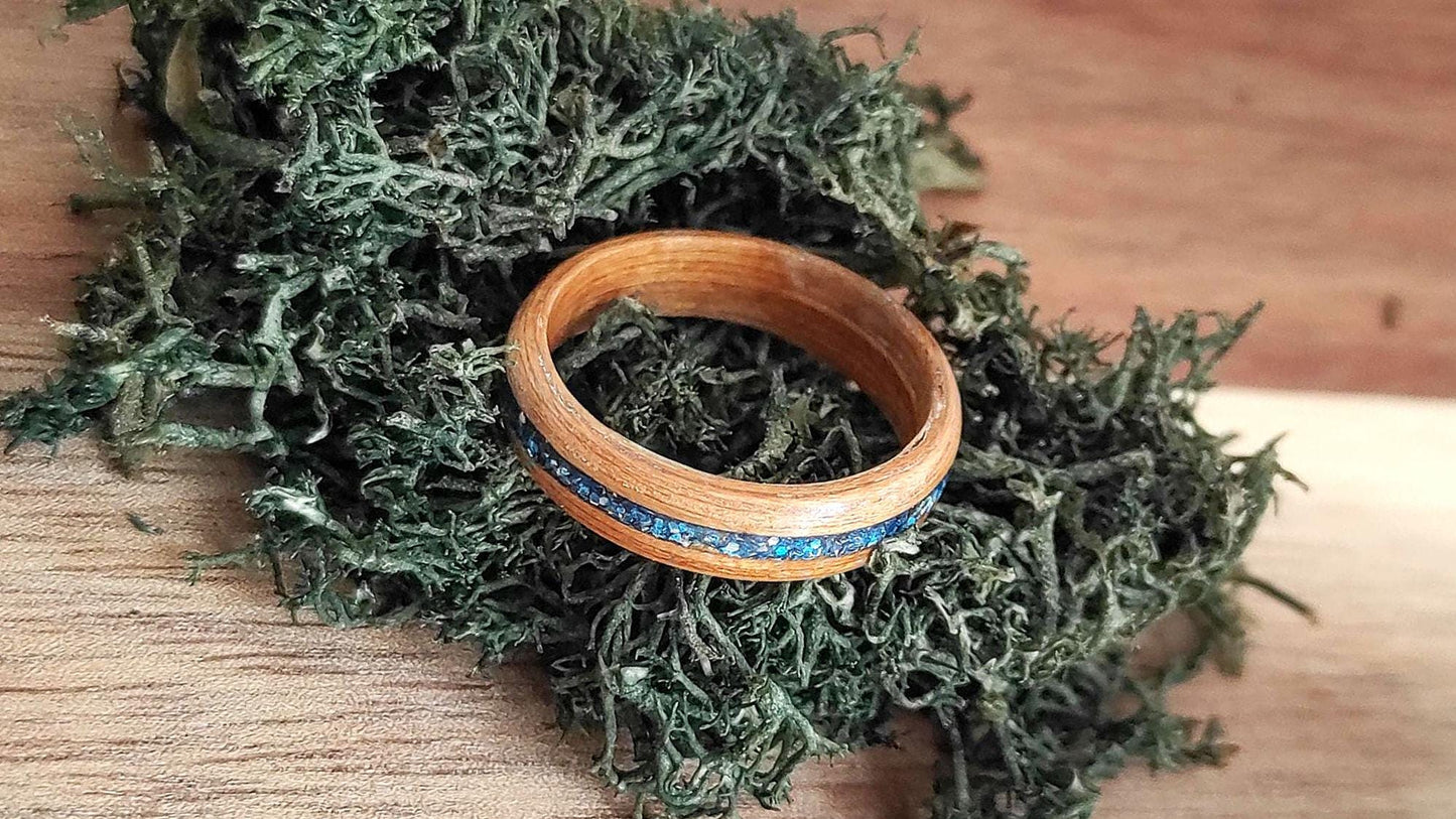 Handmade Bentwood Teak Wood Ring with Blue Glitter Inlay – Minimalist Natural Statement Band