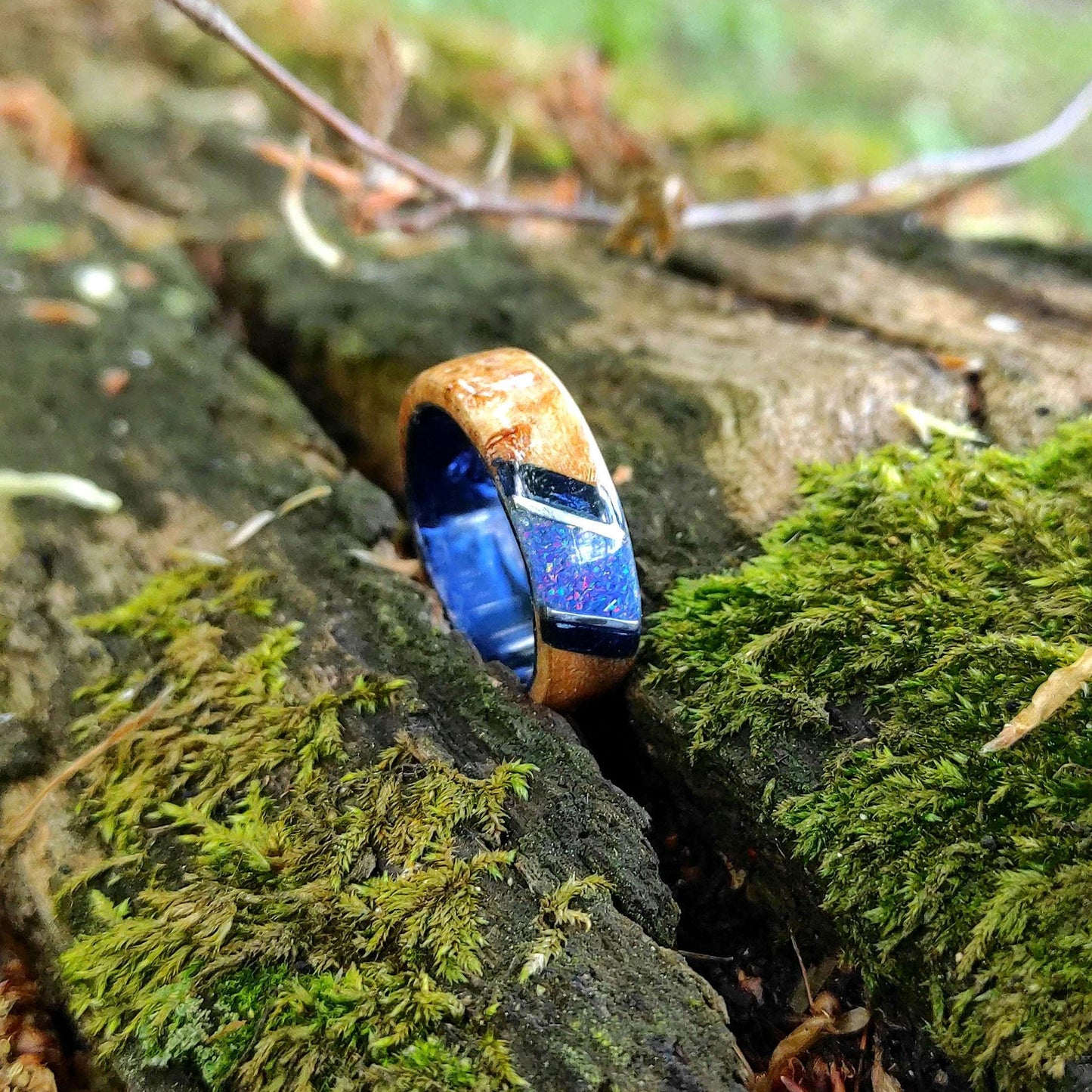Burl Wood Ring & Blue Opal on a Dark Blue Core