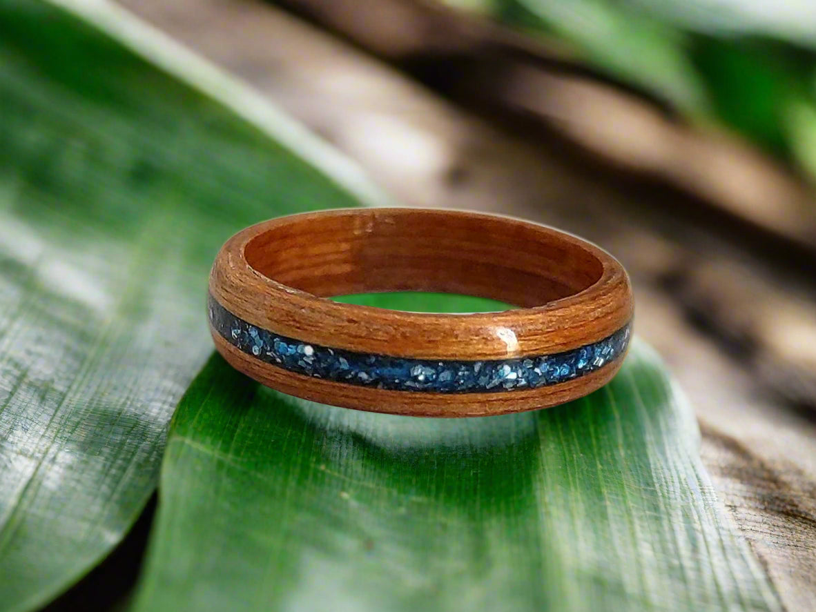 Teak wood ring bentwood style with blue glitter inlay, women’s statement ring