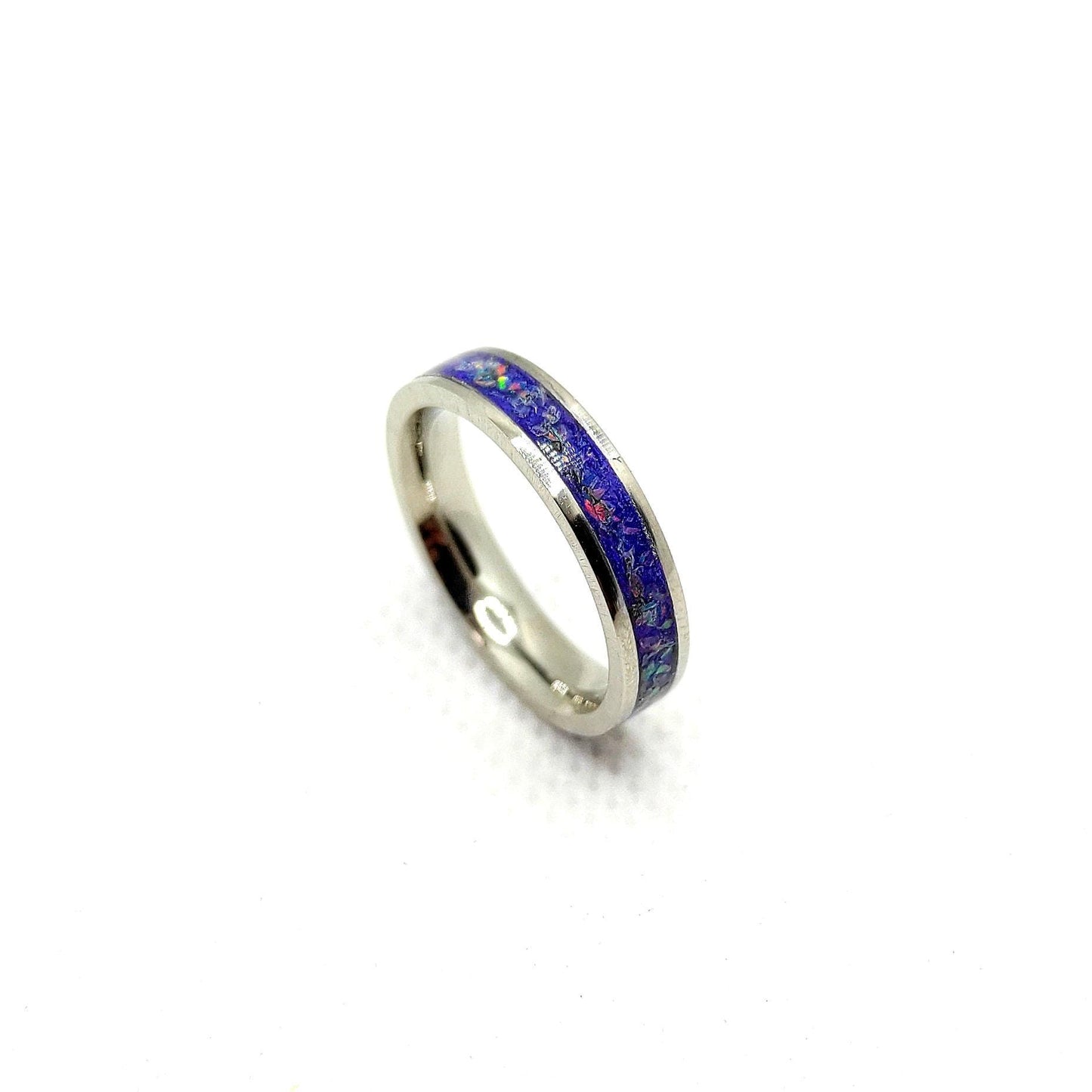 Blush pink crushed opal ring set in stainless steel band, delicate gift
