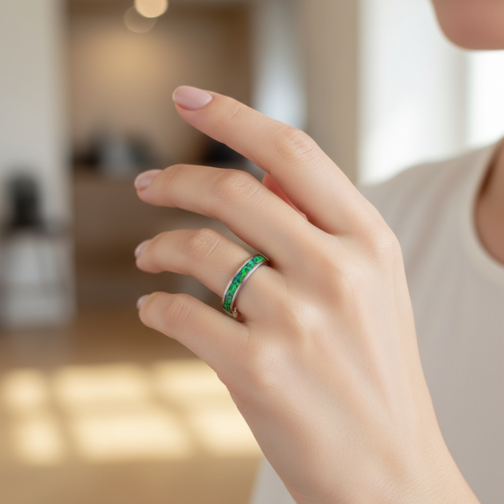 Zielony Blask Opalu – Ręcznie Robiony Pierścionek z Opalem na Stali Szlachetnej