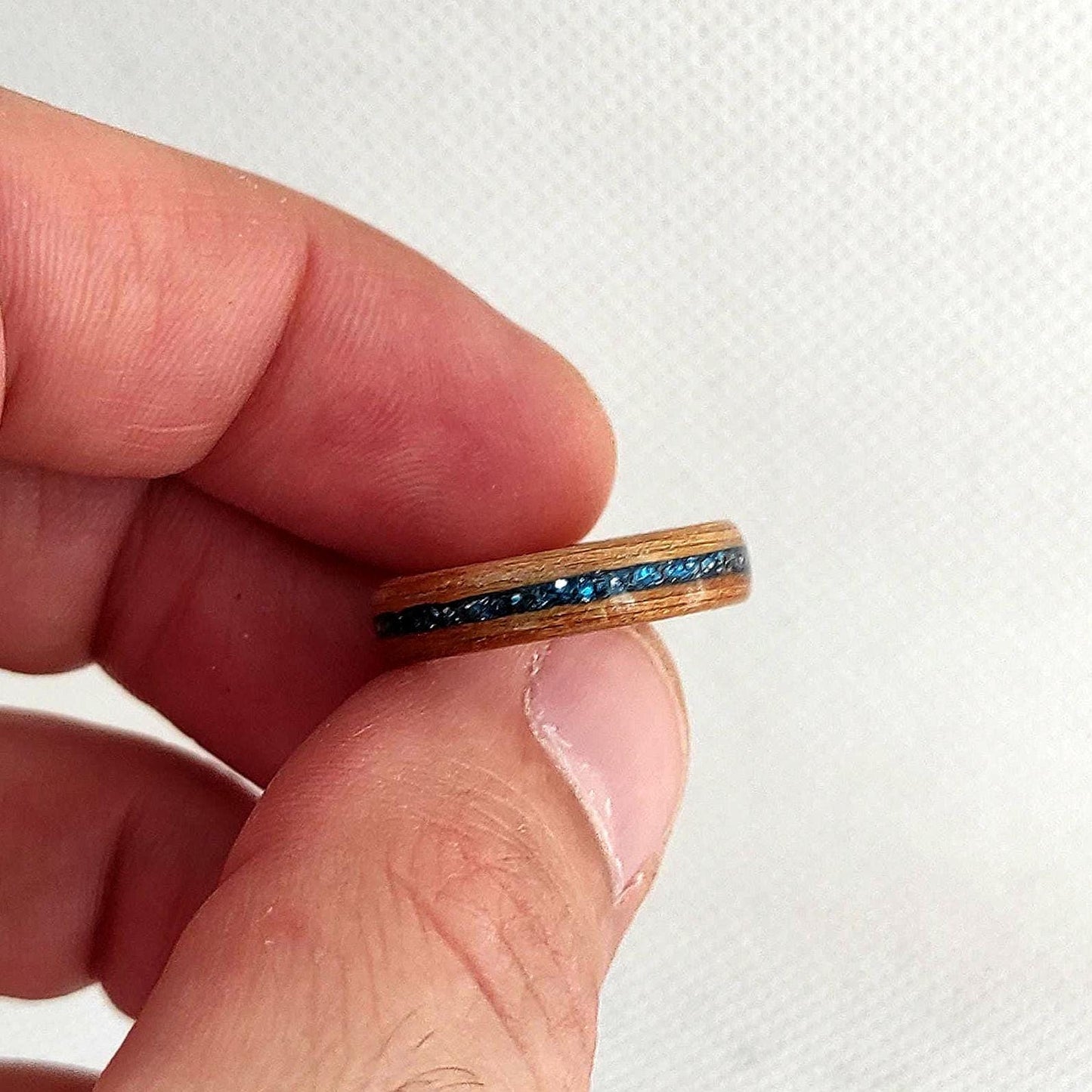 Handmade Bentwood Teak Wood Ring with Blue Glitter Inlay – Minimalist Natural Statement Band