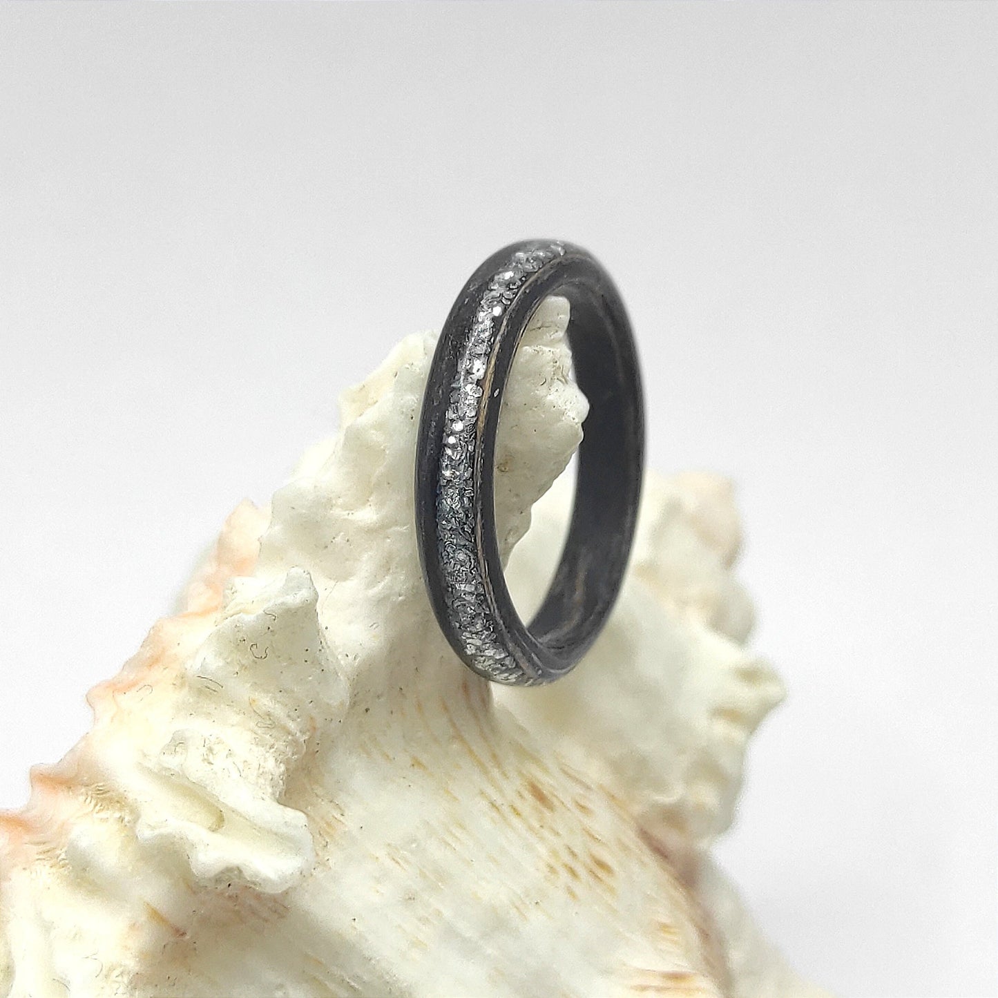 Handmade Ebony Bentwood Ring with Silver Glitter Inlay | Eco-Friendly Minimalist Jewelry for Her