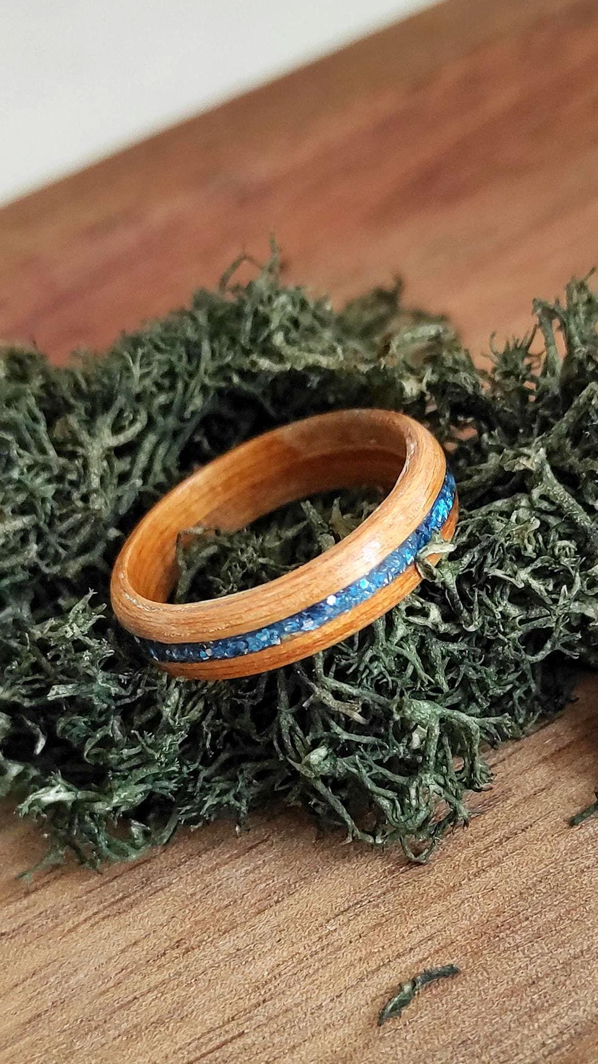 Handmade Bentwood Teak Wood Ring with Blue Glitter Inlay – Minimalist Natural Statement Band