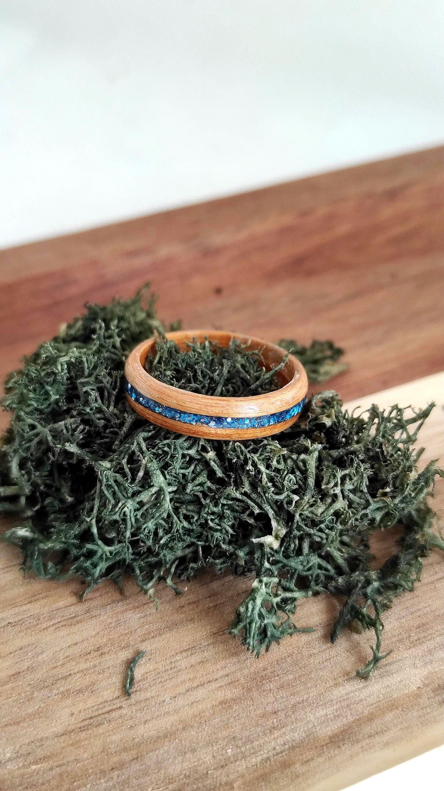 Handmade Bentwood Teak Wood Ring with Blue Glitter Inlay – Minimalist Natural Statement Band