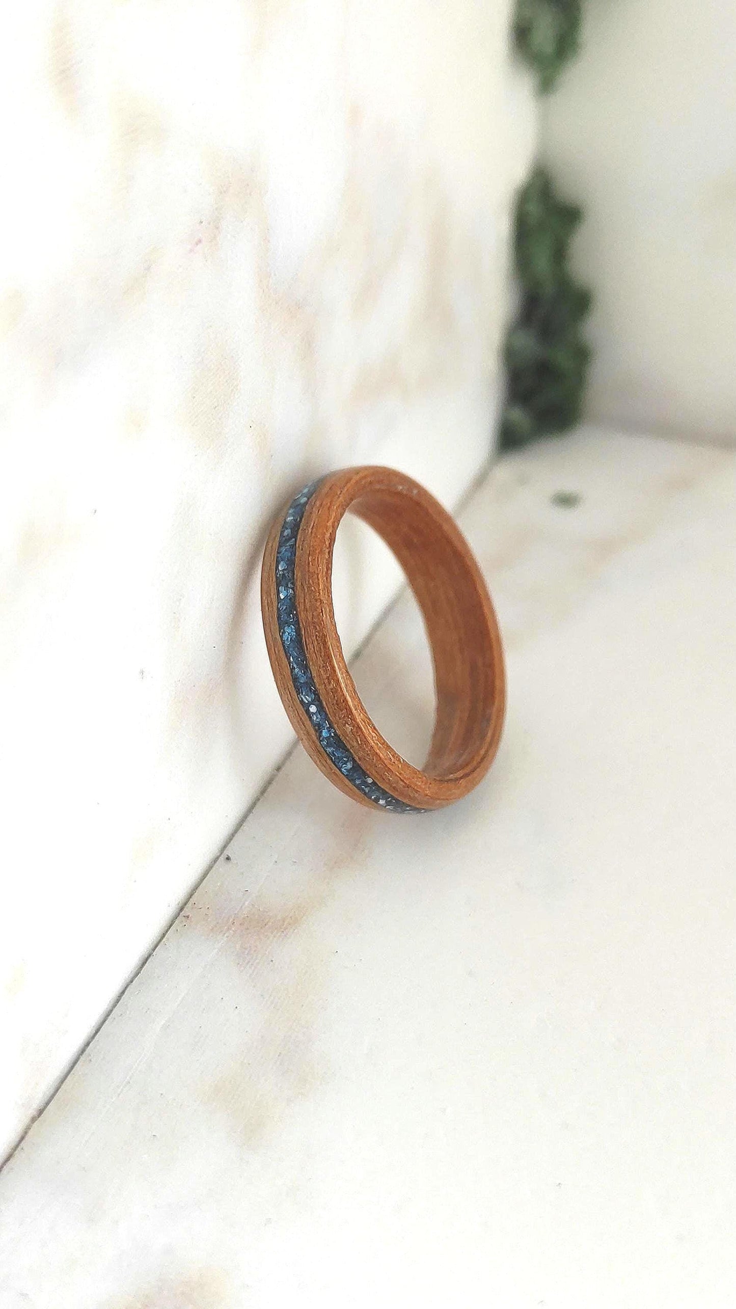 Handmade Bentwood Teak Wood Ring with Blue Glitter Inlay – Minimalist Natural Statement Band