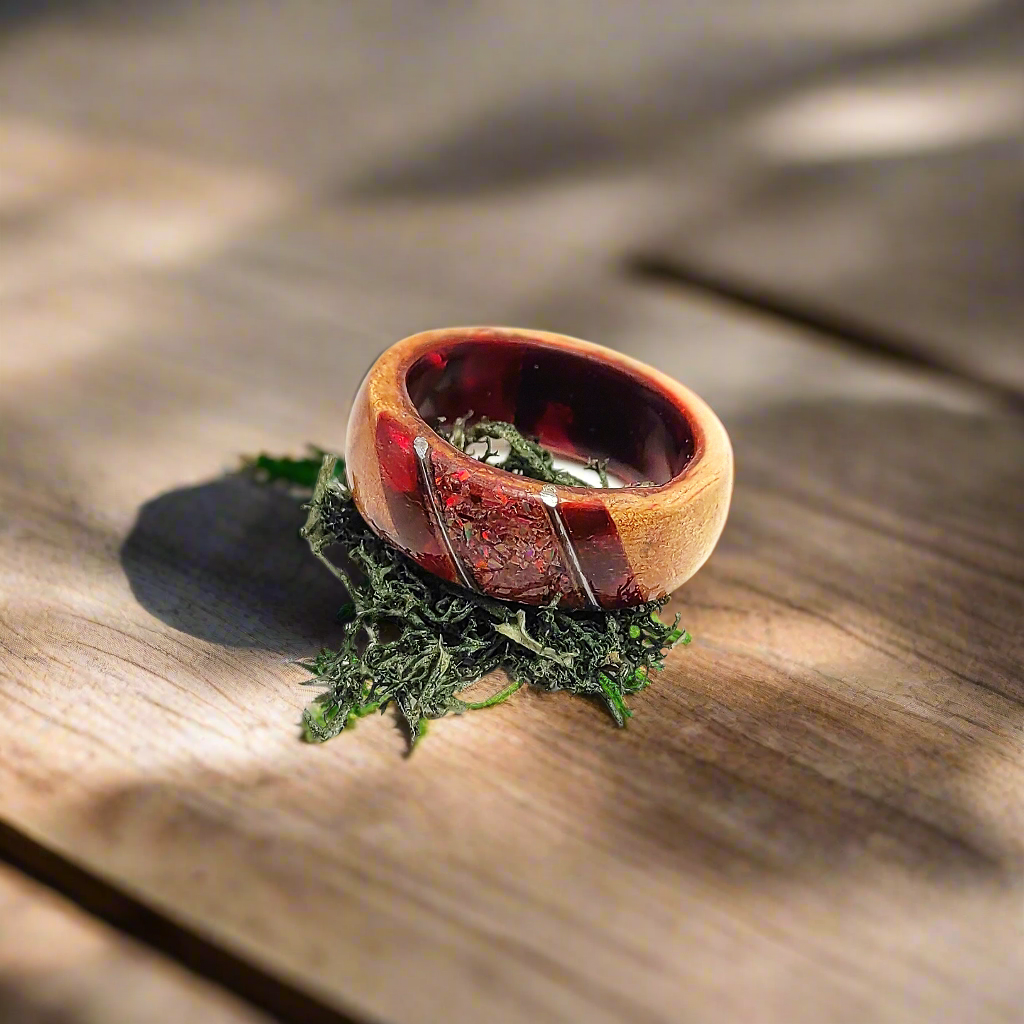 Crimson Ember Ring – Wood, Celluloid & Crushed Red Opal"