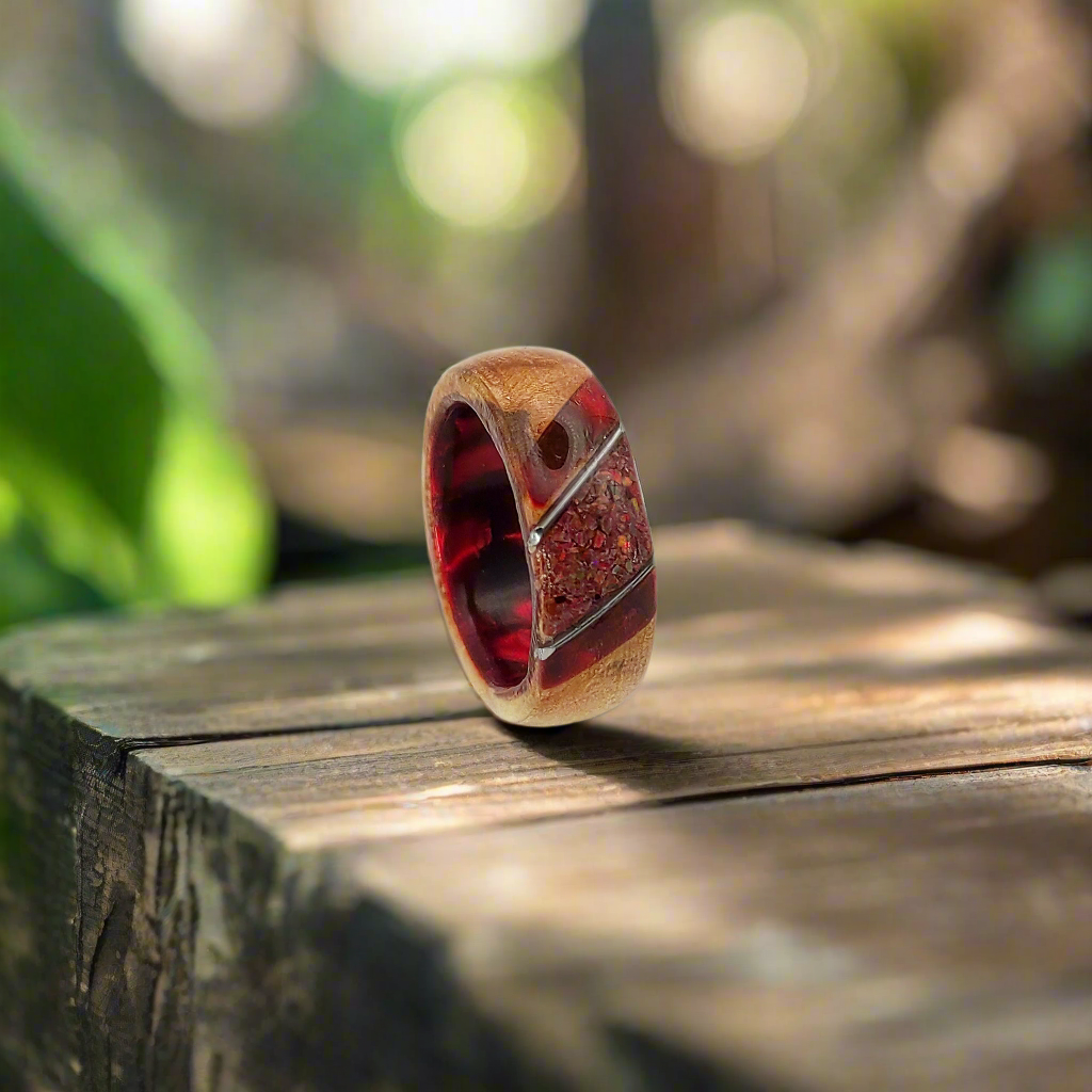 Crimson Ember Ring – Wood, Celluloid & Crushed Red Opal"