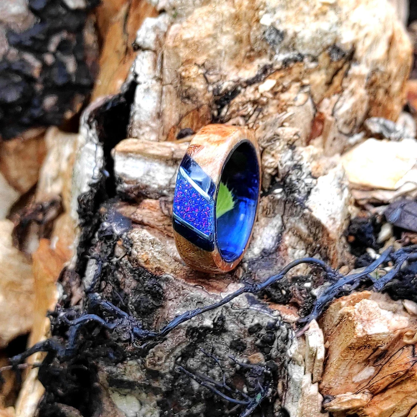 Burl Wood Ring & Blue Opal on a Dark Blue Core