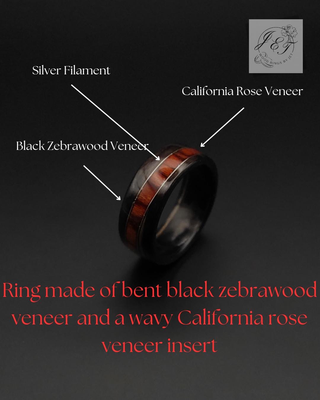 Pierścionek z drewna Zebrano z wstawką z California Rose – ręcznie gięty pierścionek męski drewniany - WoodRingsByJet