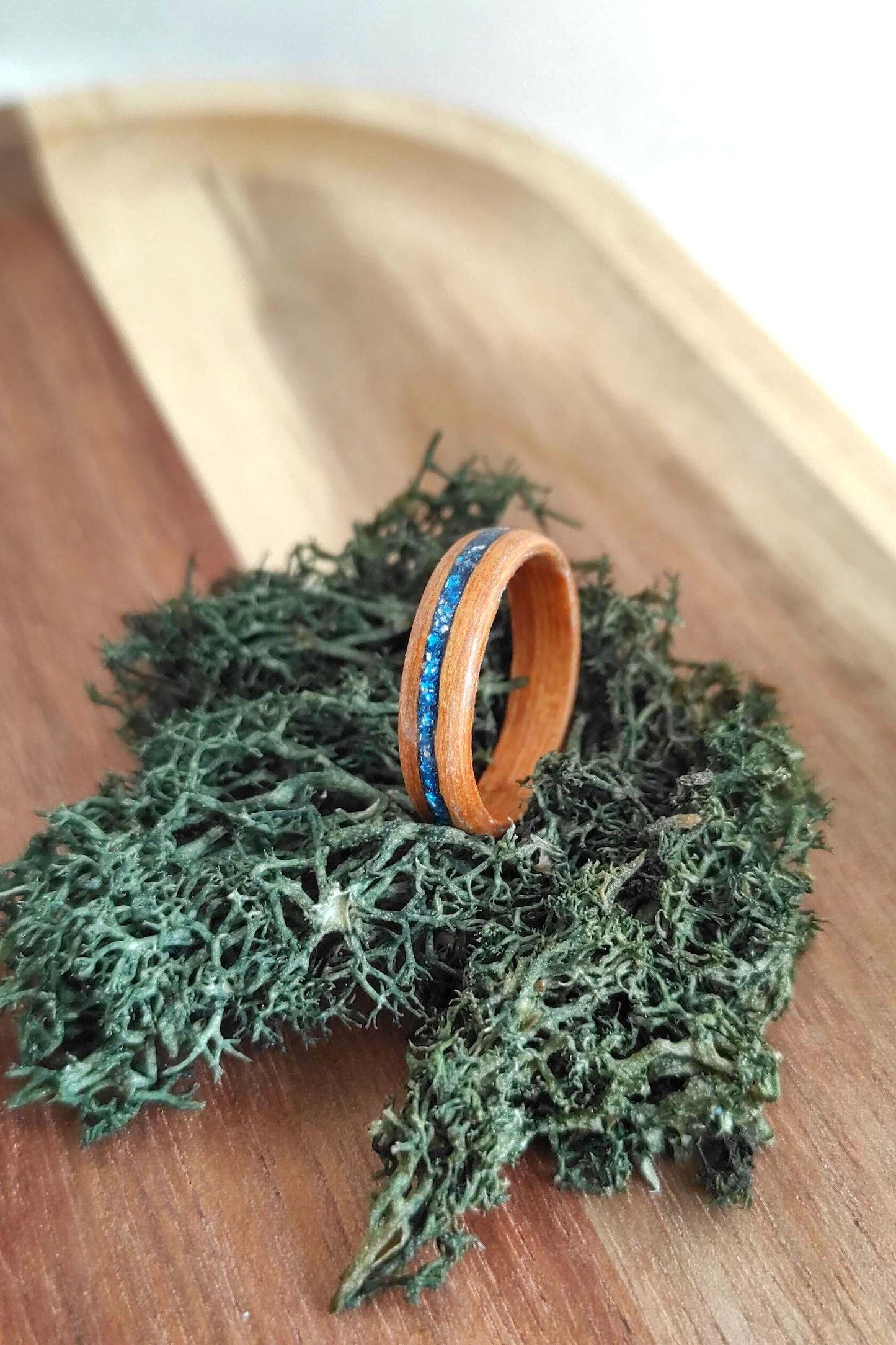 Handmade Bentwood Teak Wood Ring with Blue Glitter Inlay – Minimalist Natural Statement Band