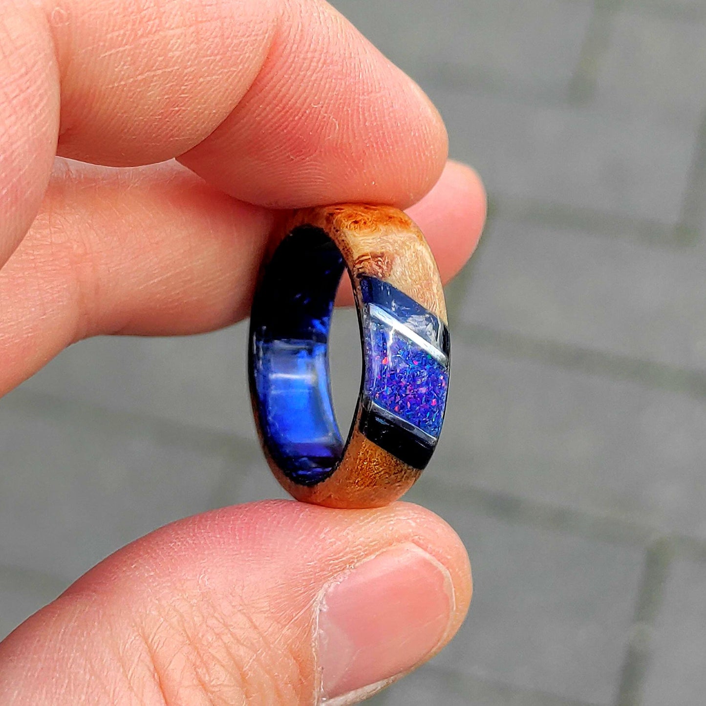 Burl Wood Ring & Blue Opal on a Dark Blue Core