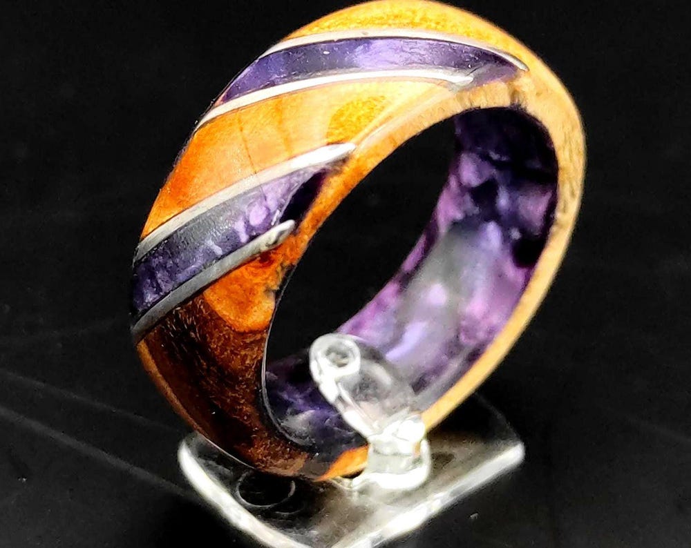 Birch burl Ring and purple celluloid