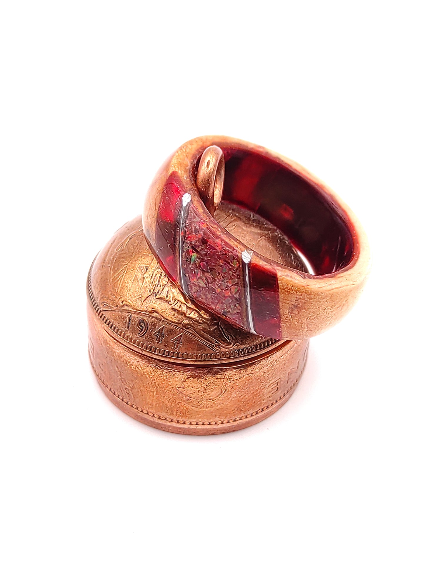 Crimson Ember Ring – Wood, Celluloid & Crushed Red Opal"