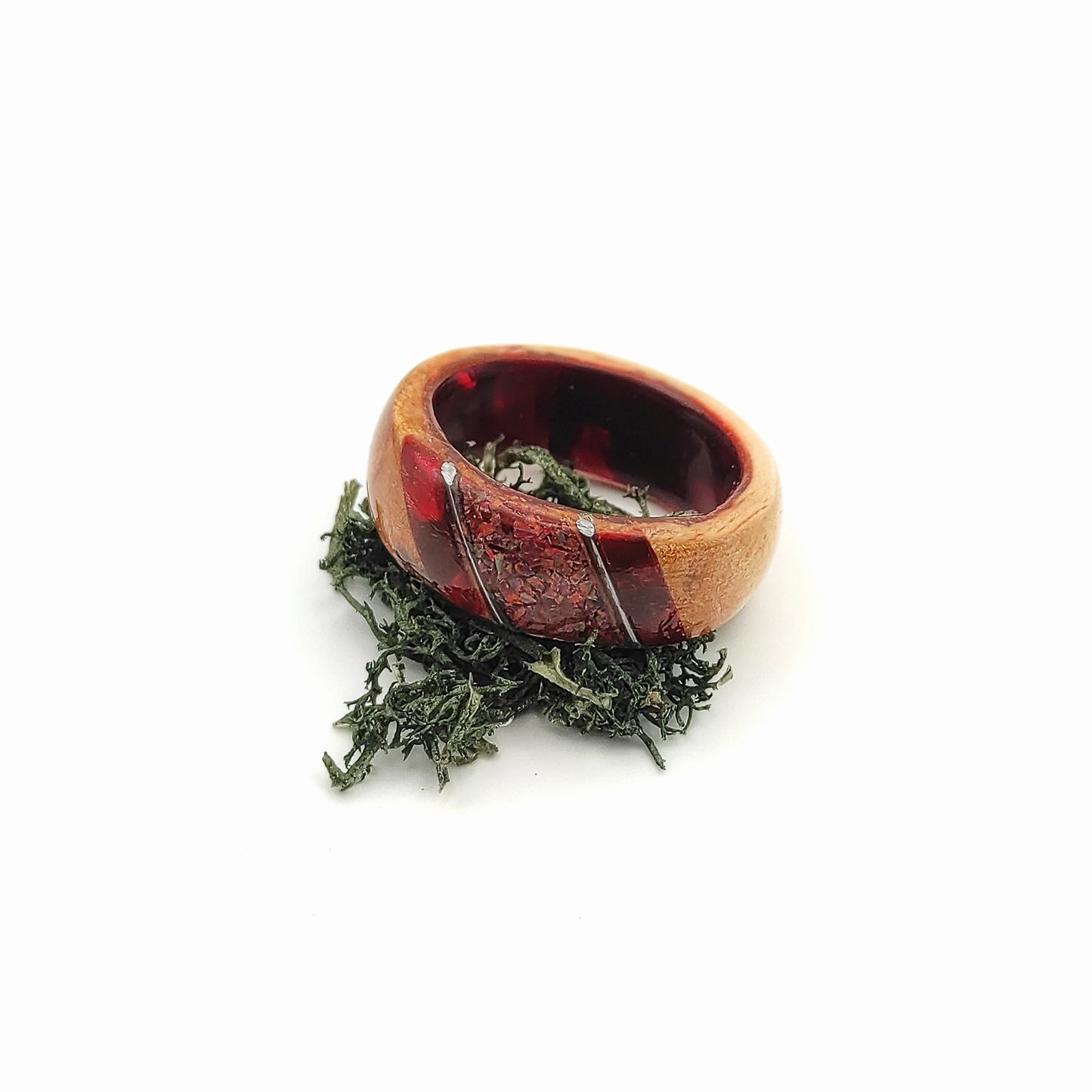 Crimson Ember Ring – Wood, Celluloid & Crushed Red Opal"