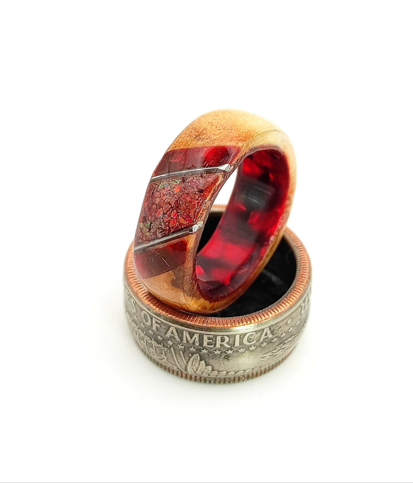 Crimson Ember Ring – Wood, Celluloid & Crushed Red Opal"