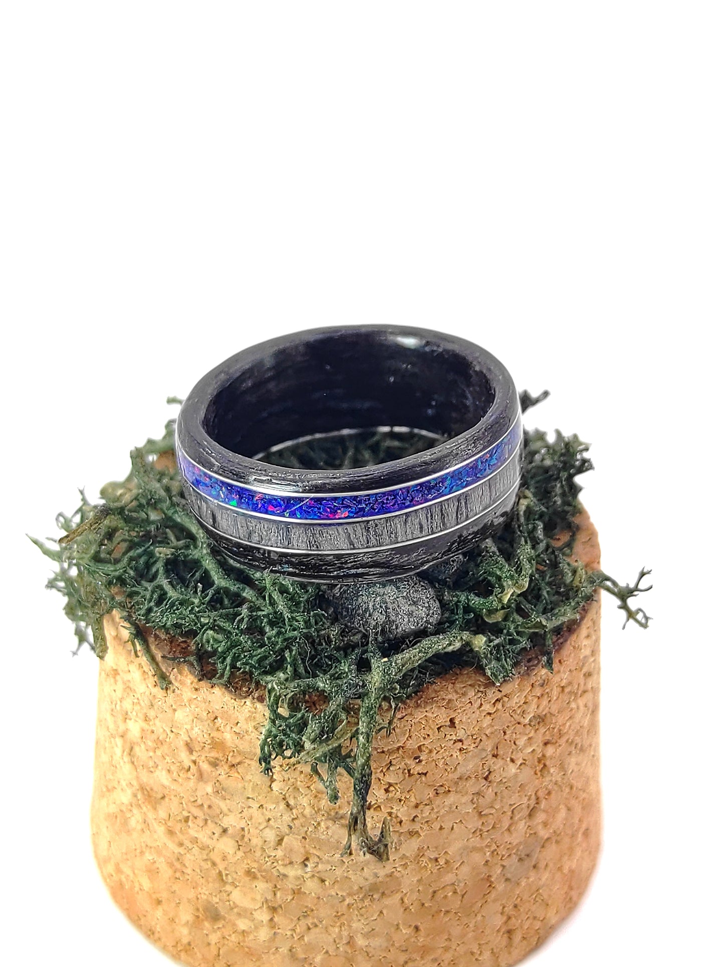Black Oak & Gray Oak Ring with Blue Opal and Silver Wire