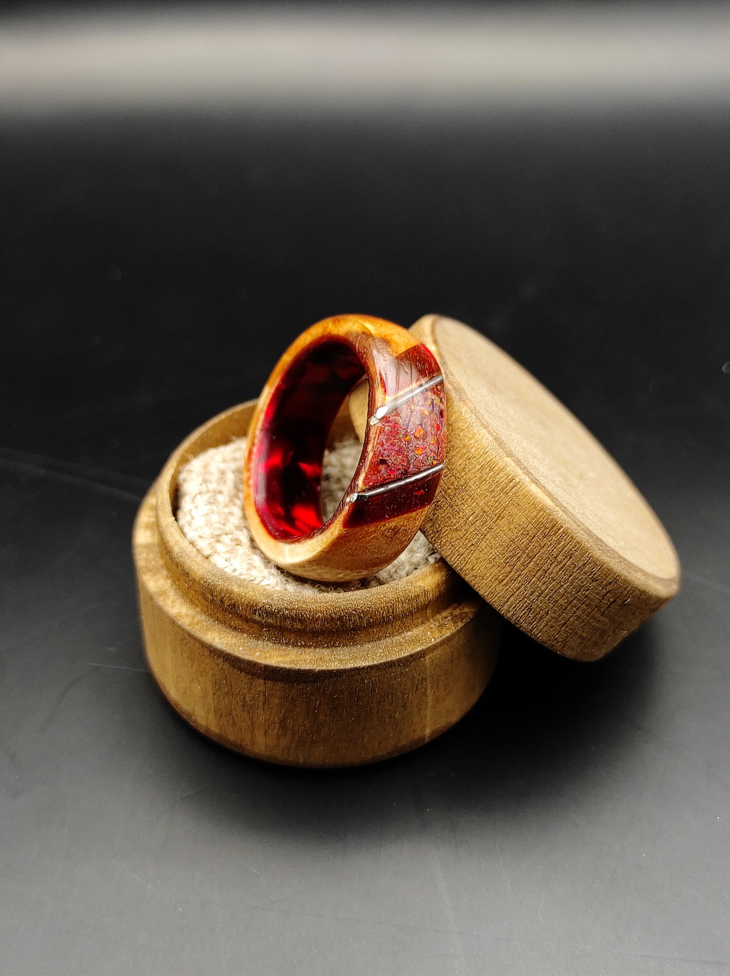 Crimson Ember Ring – Wood, Celluloid & Crushed Red Opal"
