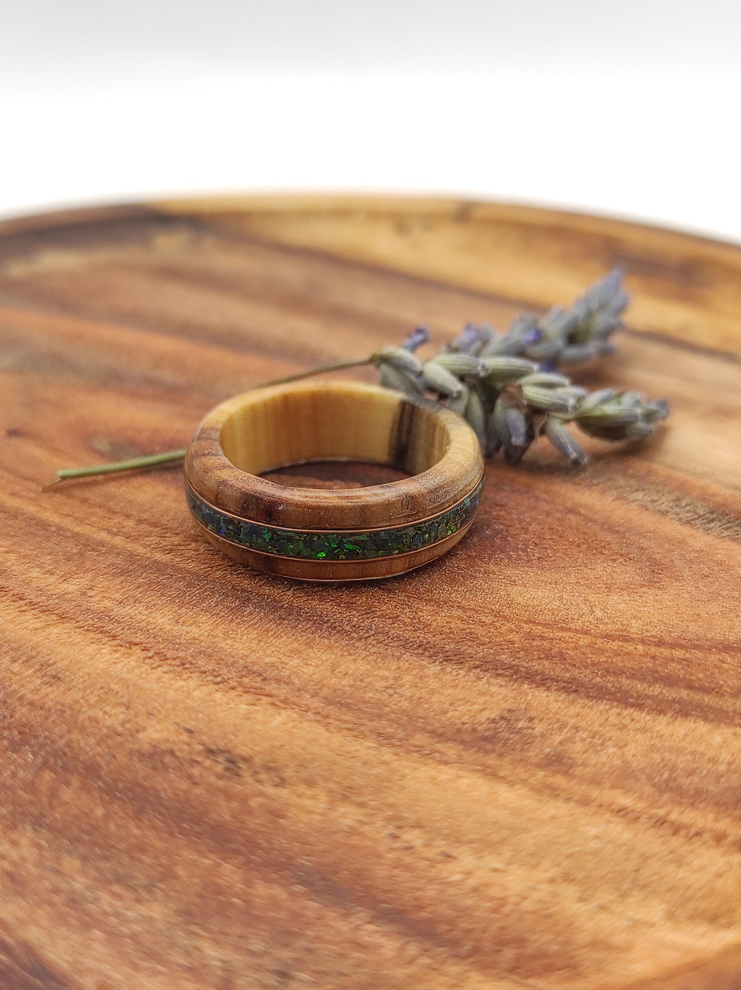 Willow Wood Ring with Green Opal Inlay – Unique Willow Tree Anniversary Gift