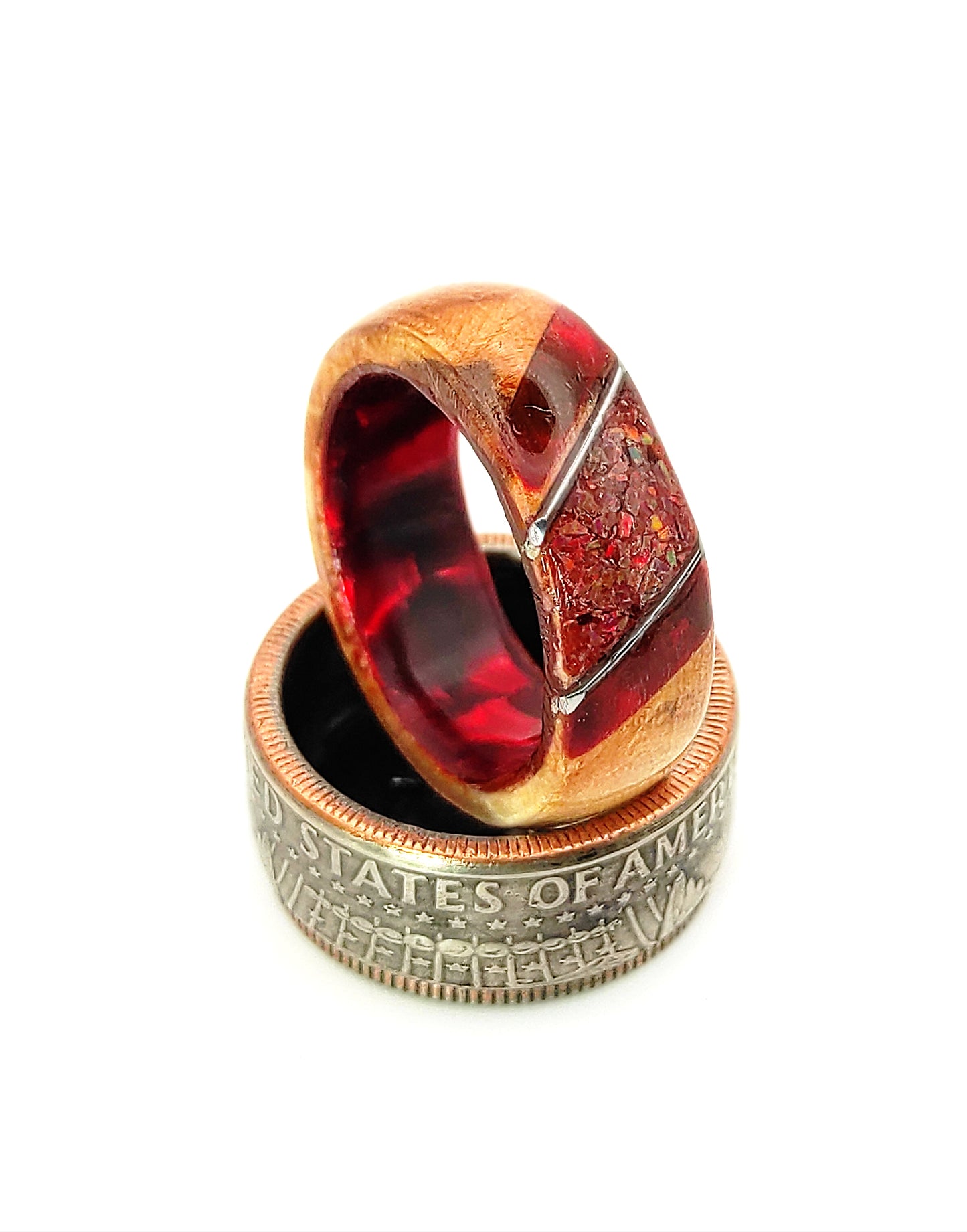 Crimson Ember Ring – Wood, Celluloid & Crushed Red Opal"