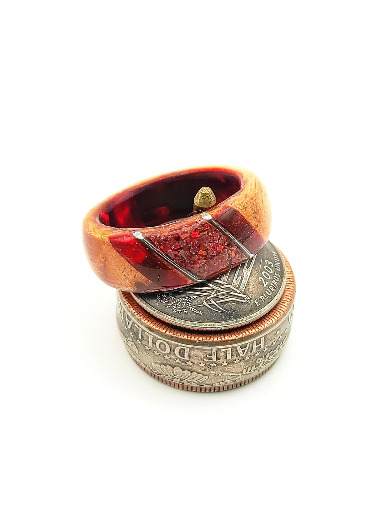 Crimson Ember Ring – Wood, Celluloid & Crushed Red Opal"