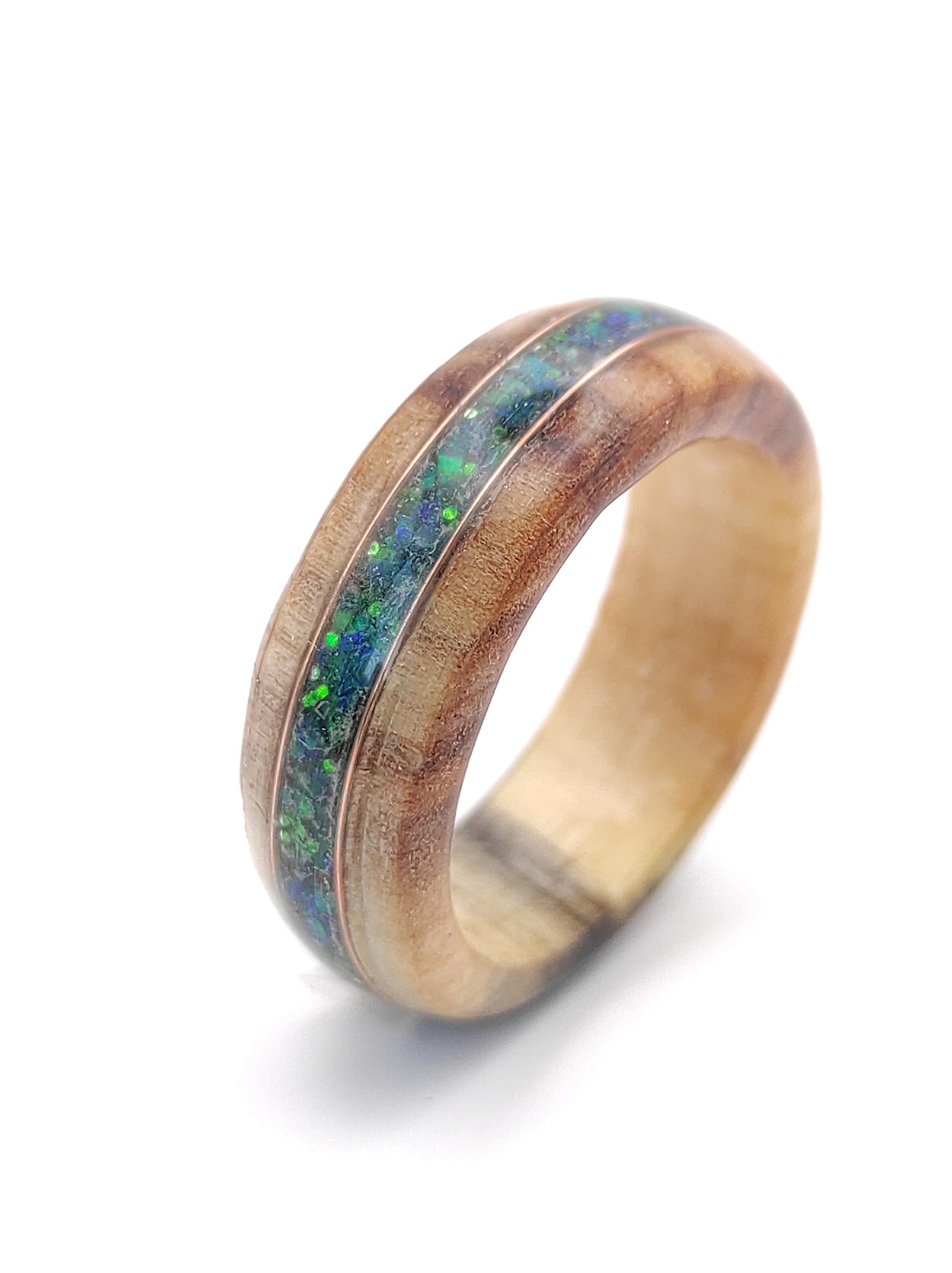Willow Wood Ring with Green Opal Inlay – Unique Willow Tree Anniversary Gift