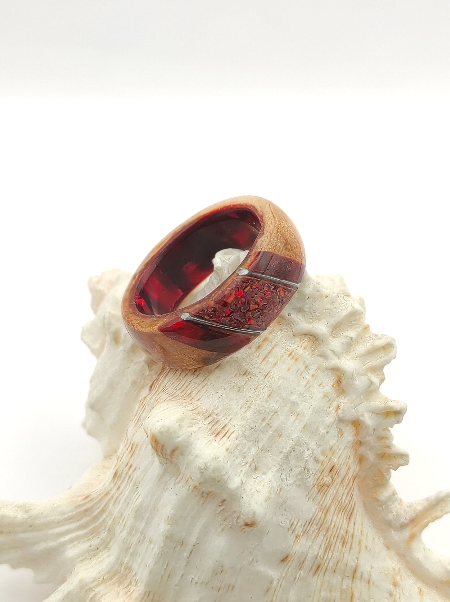 Crimson Ember Ring – Wood, Celluloid & Crushed Red Opal"
