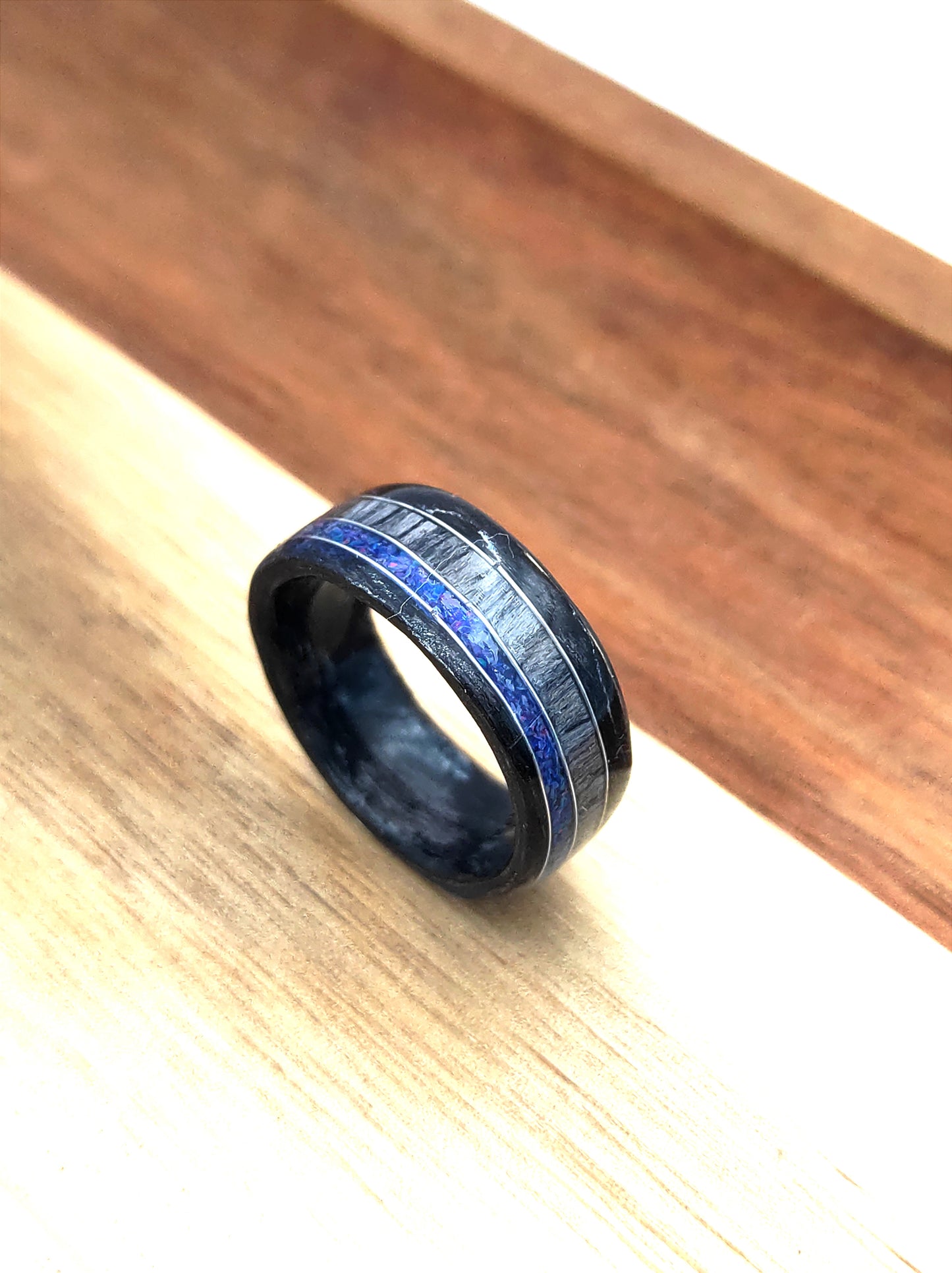 Black Oak & Gray Oak Ring with Blue Opal and Silver Wire