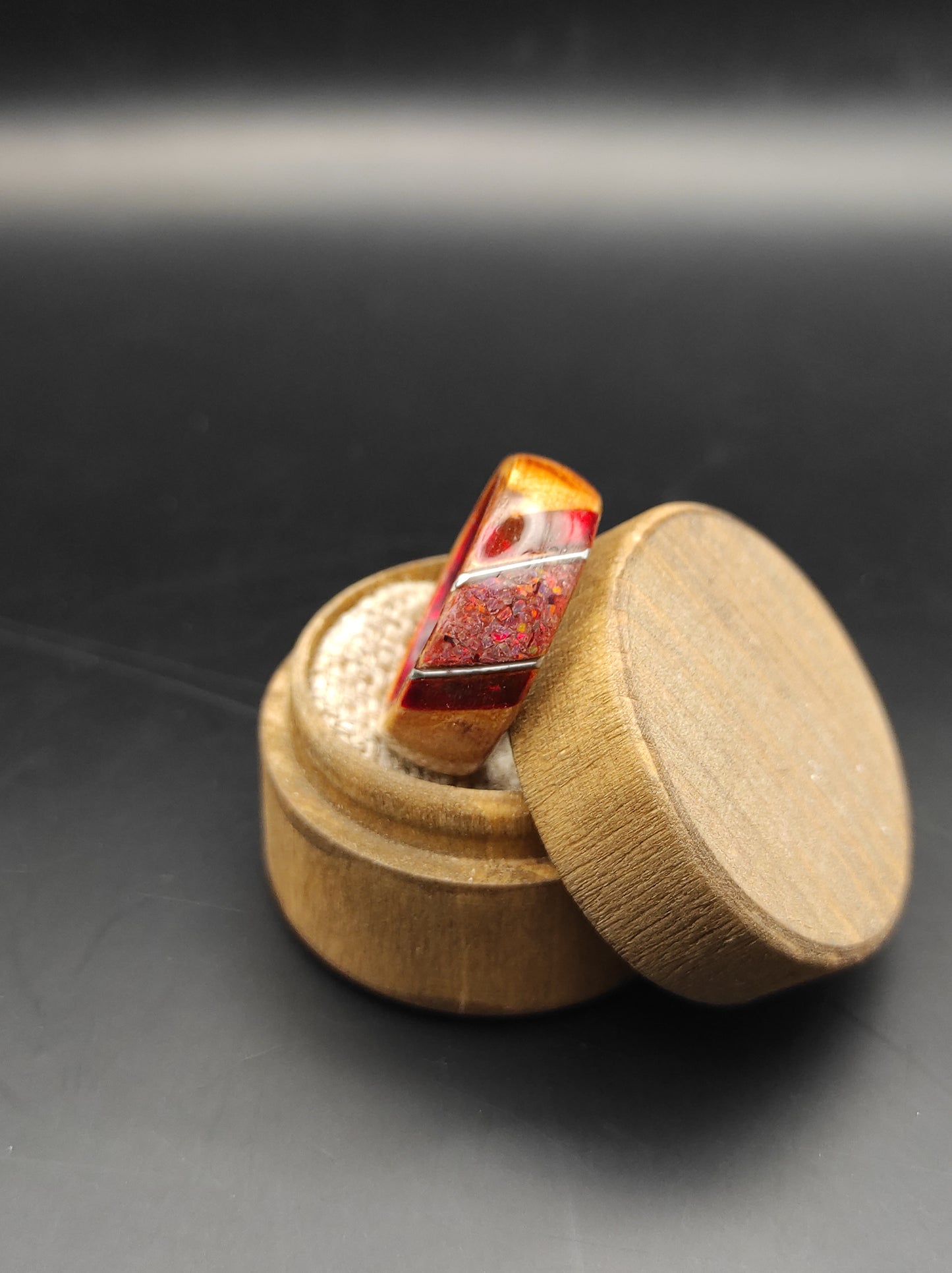 Crimson Ember Ring – Wood, Celluloid & Crushed Red Opal"