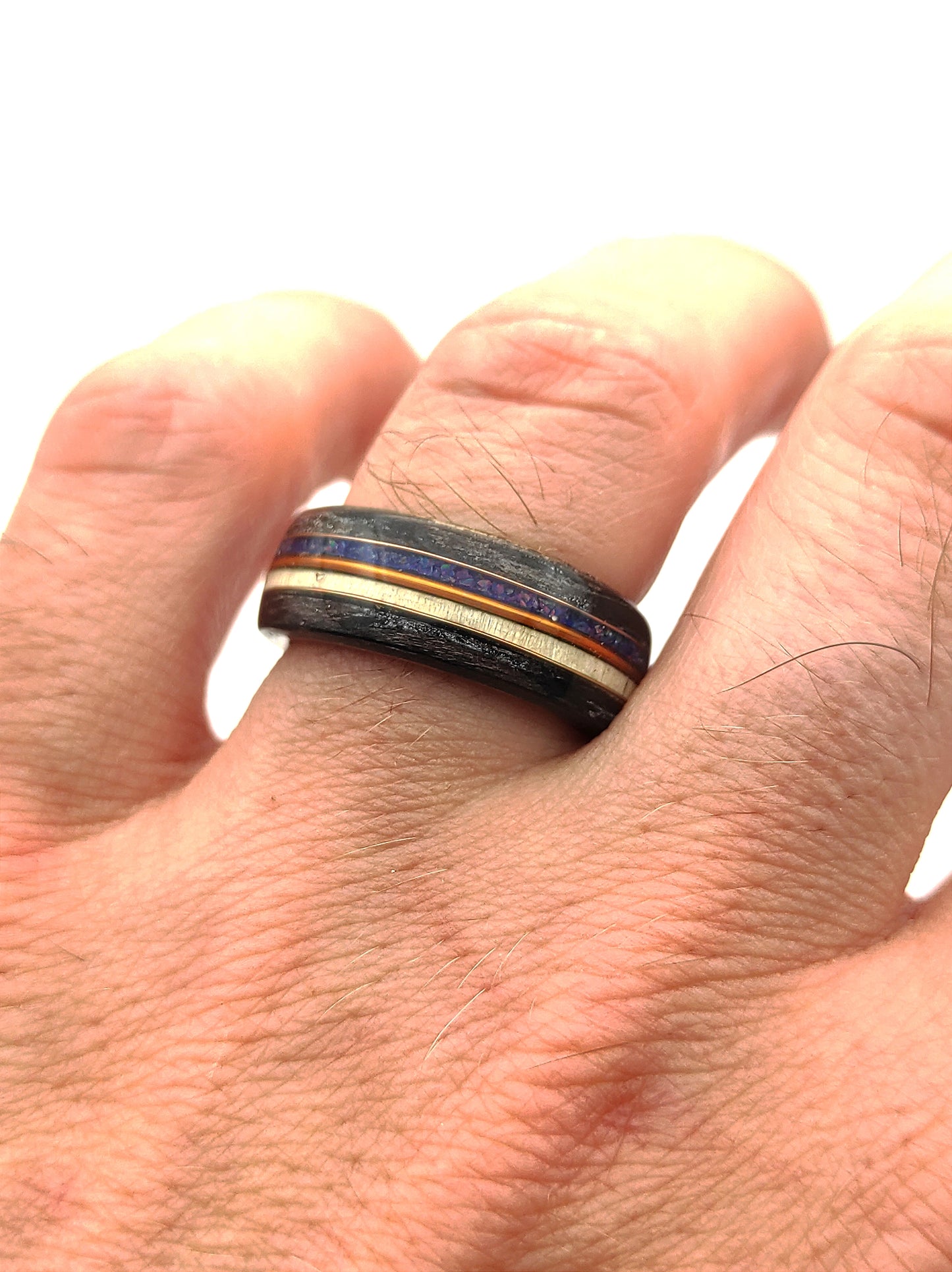 Unique rustic ring made of beech, black oak, maple veneer, copper wire and blue opal
