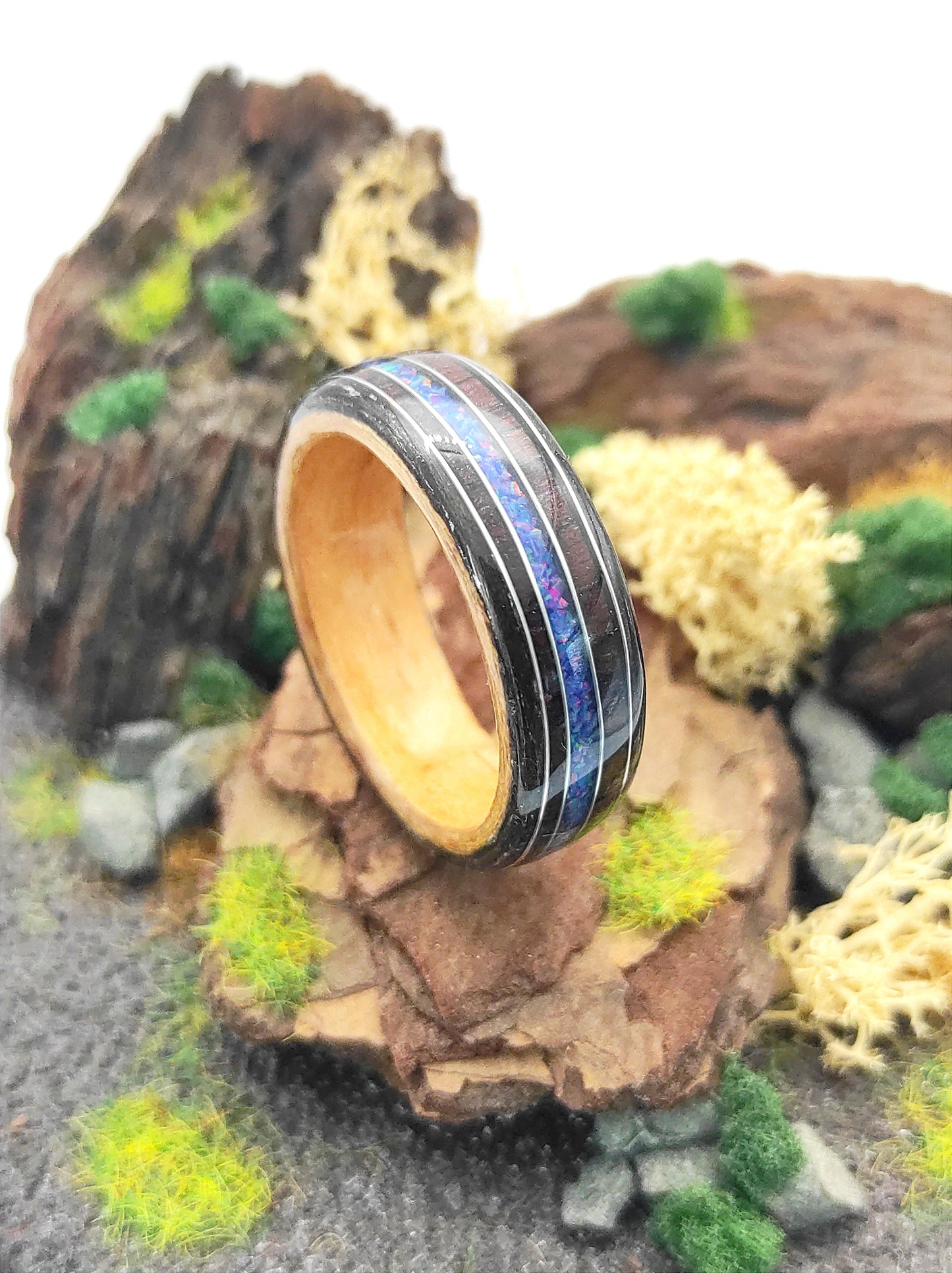 Handmade Triple Veneer Wood Ring with Purple Rosewood & Blue Opal Inlay – Oak, Beech, Black Oak, Silver Accents
