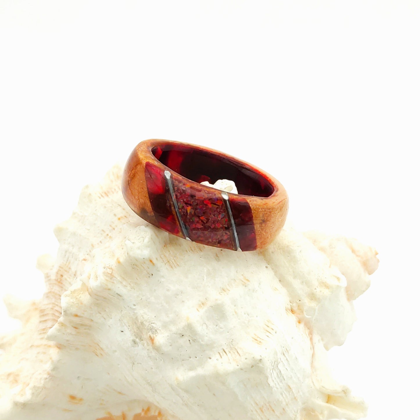 Crimson Ember Ring – Wood, Celluloid & Crushed Red Opal"