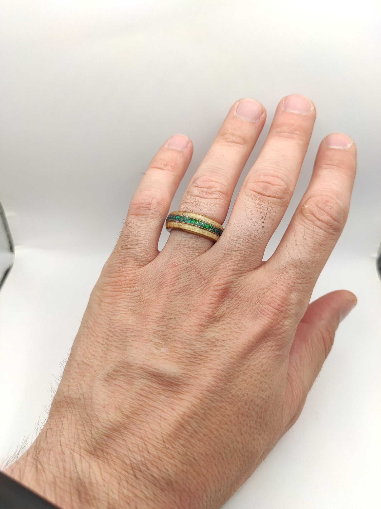 Willow Wood Ring with Green Opal Inlay – Unique Willow Tree Anniversary Gift