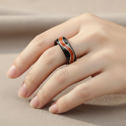 Falująca Zebranowa Róża — Ręcznie Cięty Pierścień Bentwood z Zebrano i California Rose