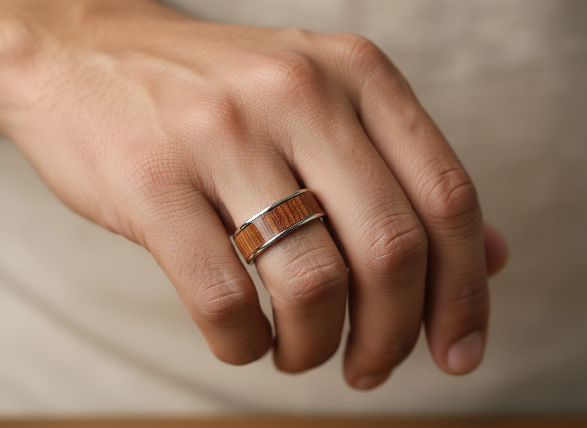 Męski pierścionek z drewna teakowego i metalu – ręcznie robiony, stylowy pierścionek drewniano-metalowy dla niego