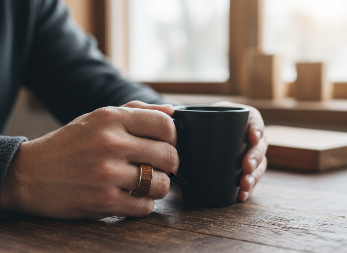 Męski pierścionek z drewna teakowego i metalu – ręcznie robiony, stylowy pierścionek drewniano-metalowy dla niego