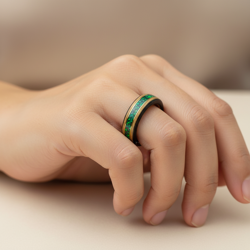 Pierścionek drewniany z jesionu i zieloną opalową inkrustacją – elegancja natury w nowoczesnej formie