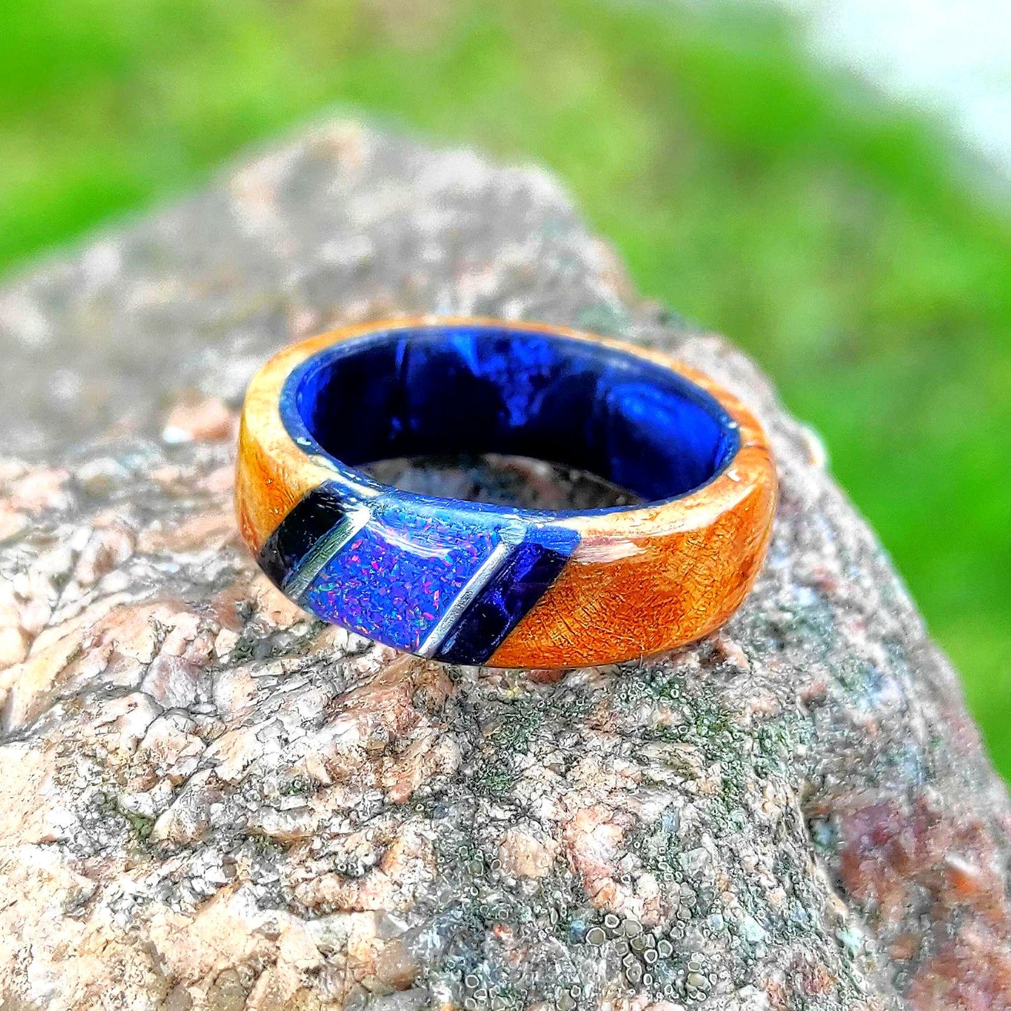 Burl Wood Ring & Blue Opal on a Dark Blue Core