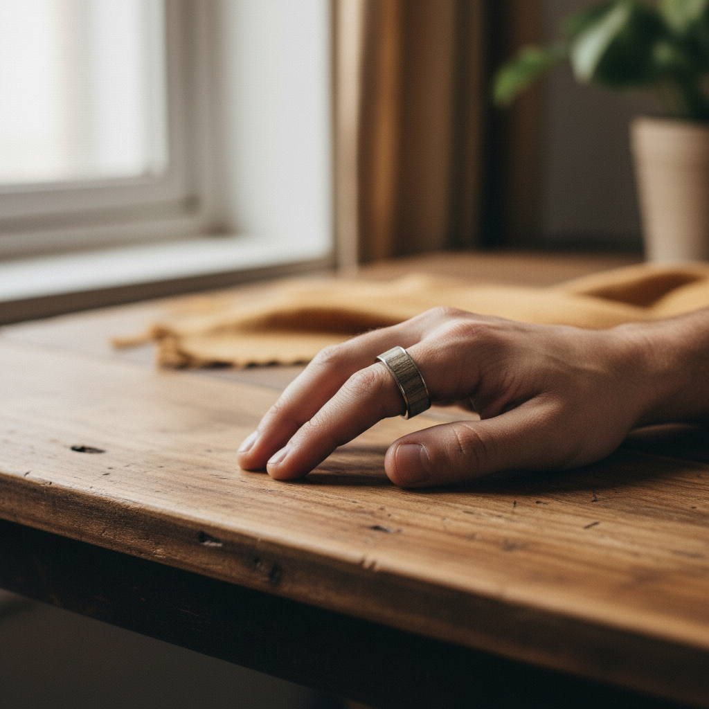 Męski Pierścionek ze Stali Chirurgicznej z Intarsją z Drewna Dębowego (Oak) – Rękodzieło Handmade