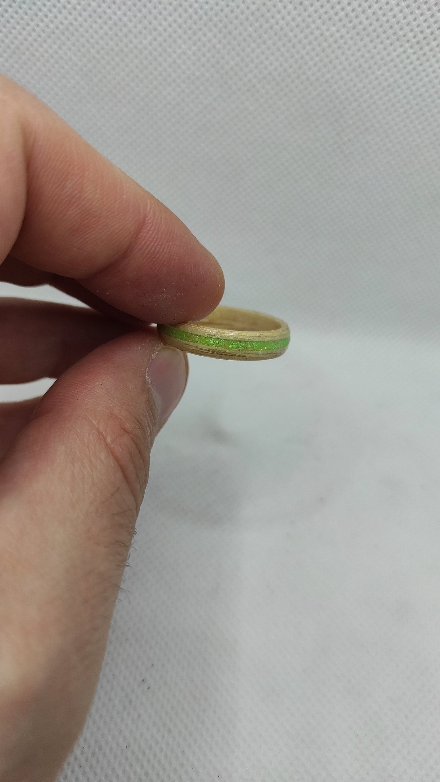 Handmade Birch Wood Ring with Neon Green Glitter – Minimalist Nature-Inspired Wooden Band | Eco-Friendly Gift