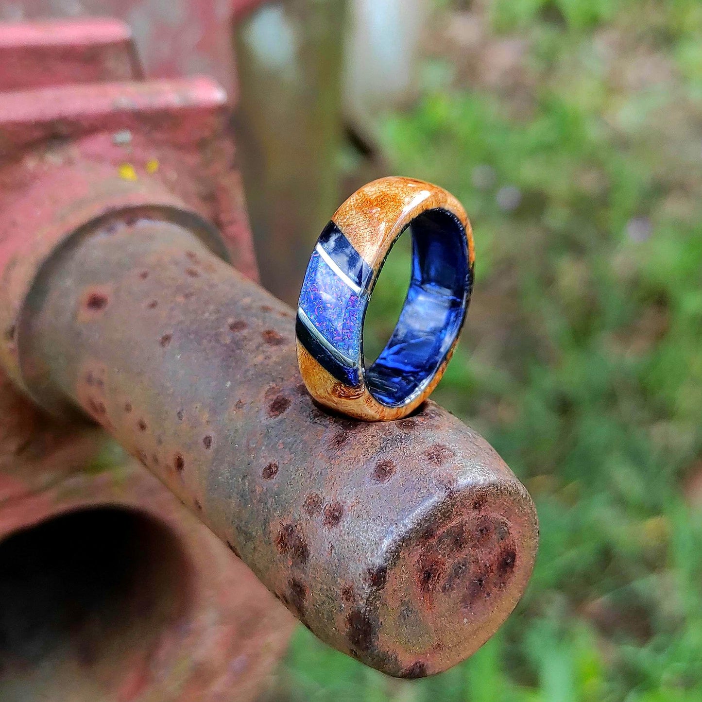 Burl Wood Ring & Blue Opal on a Dark Blue Core