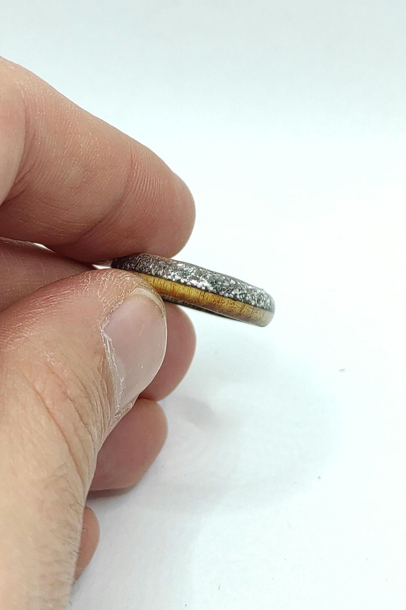 Side view of custom willow wood ring with silver glitter band, nature-inspired gift for her
