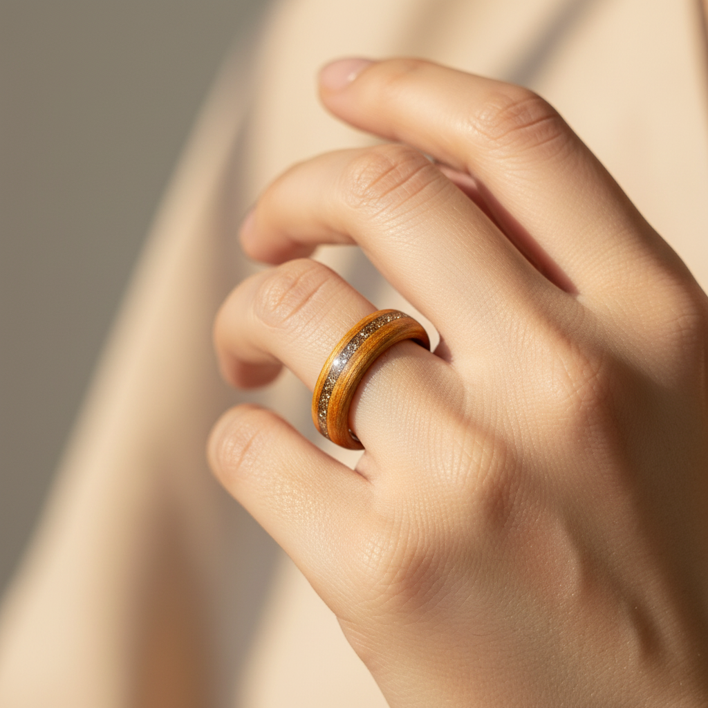 Drewniany pierścionek z drewna tekowego & złotym brokatem – rustykalna obrączka handmade